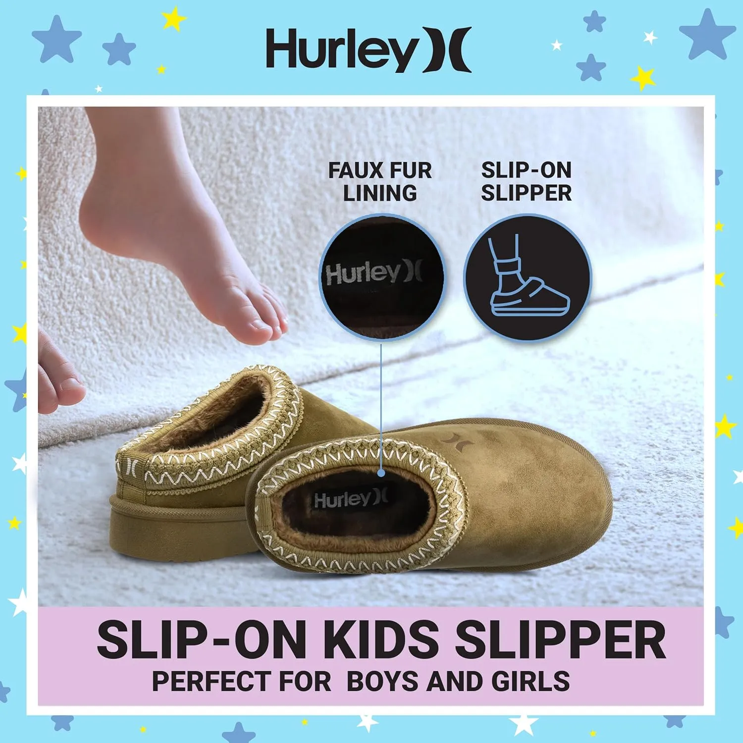 Hurley Kids Modi Slippers - Indoor and Outdoor Slip-On Shoes for Boys and Girls, Durable Clogs With Faux Fur Fleece Lining - Warm Winter House Slippers