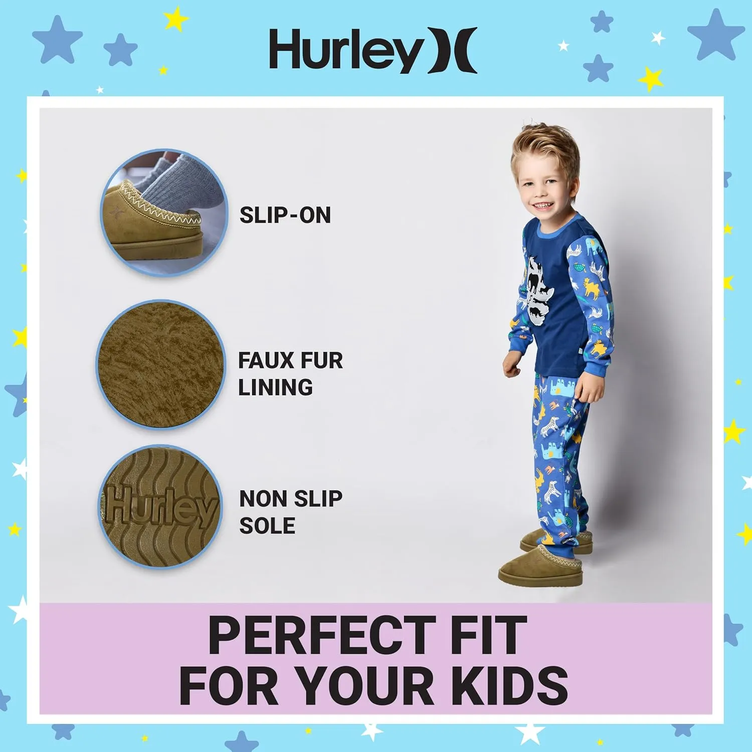 Hurley Kids Modi Slippers - Indoor and Outdoor Slip-On Shoes for Boys and Girls, Durable Clogs With Faux Fur Fleece Lining - Warm Winter House Slippers