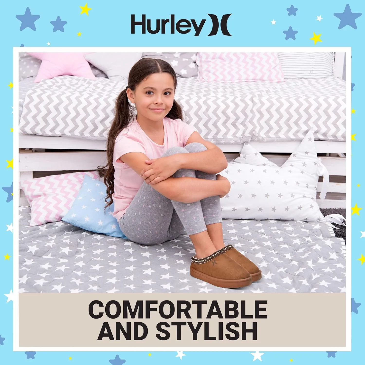 Hurley Kids Modi Slippers - Indoor and Outdoor Slip-On Shoes for Boys and Girls, Durable Clogs With Faux Fur Fleece Lining - Warm Winter House Slippers
