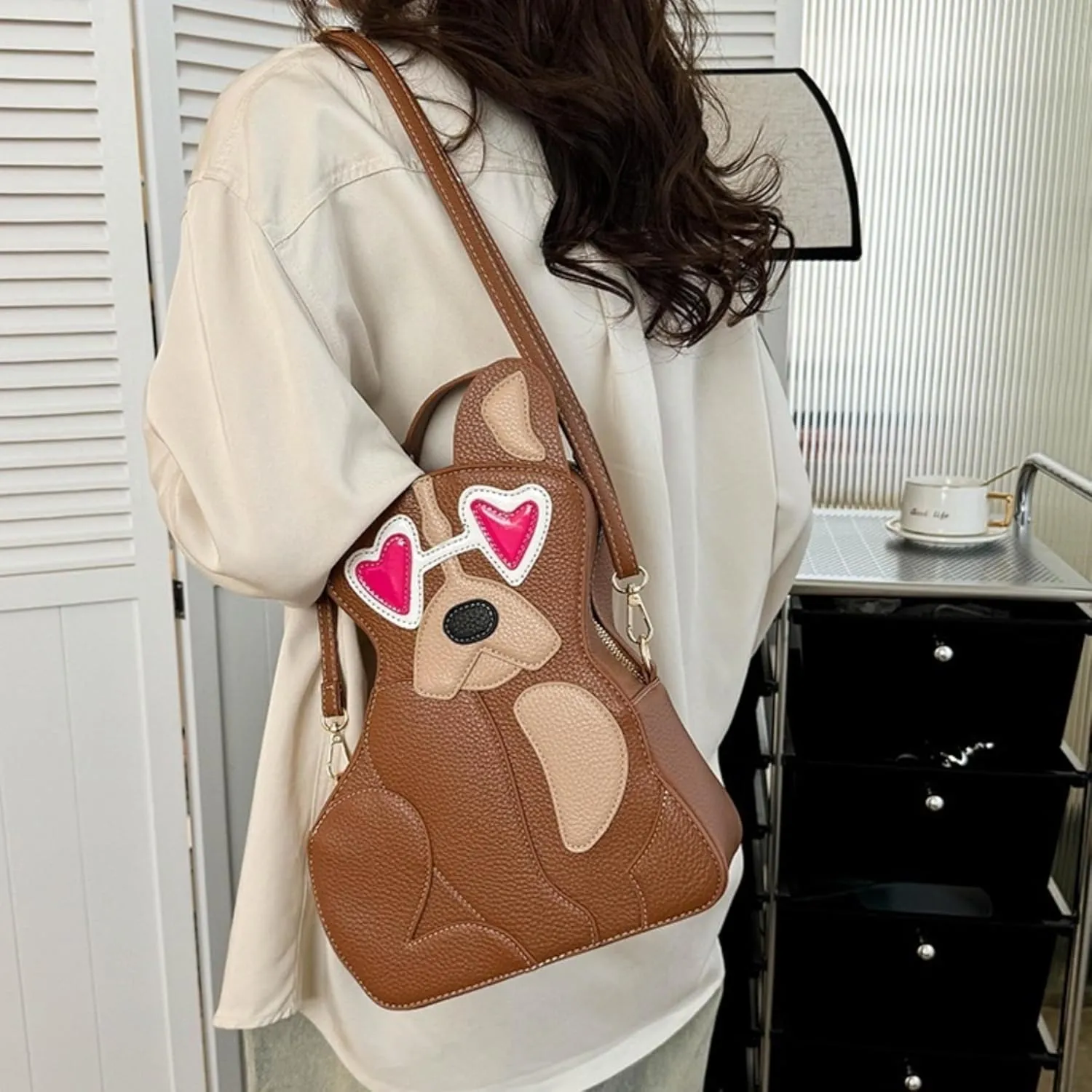 IAMUHI Women Cute Patchwork Dog Puppy Shaped Crossbody Shoulder Bag PU Leather Handbag Unique Novelty Animal Purse