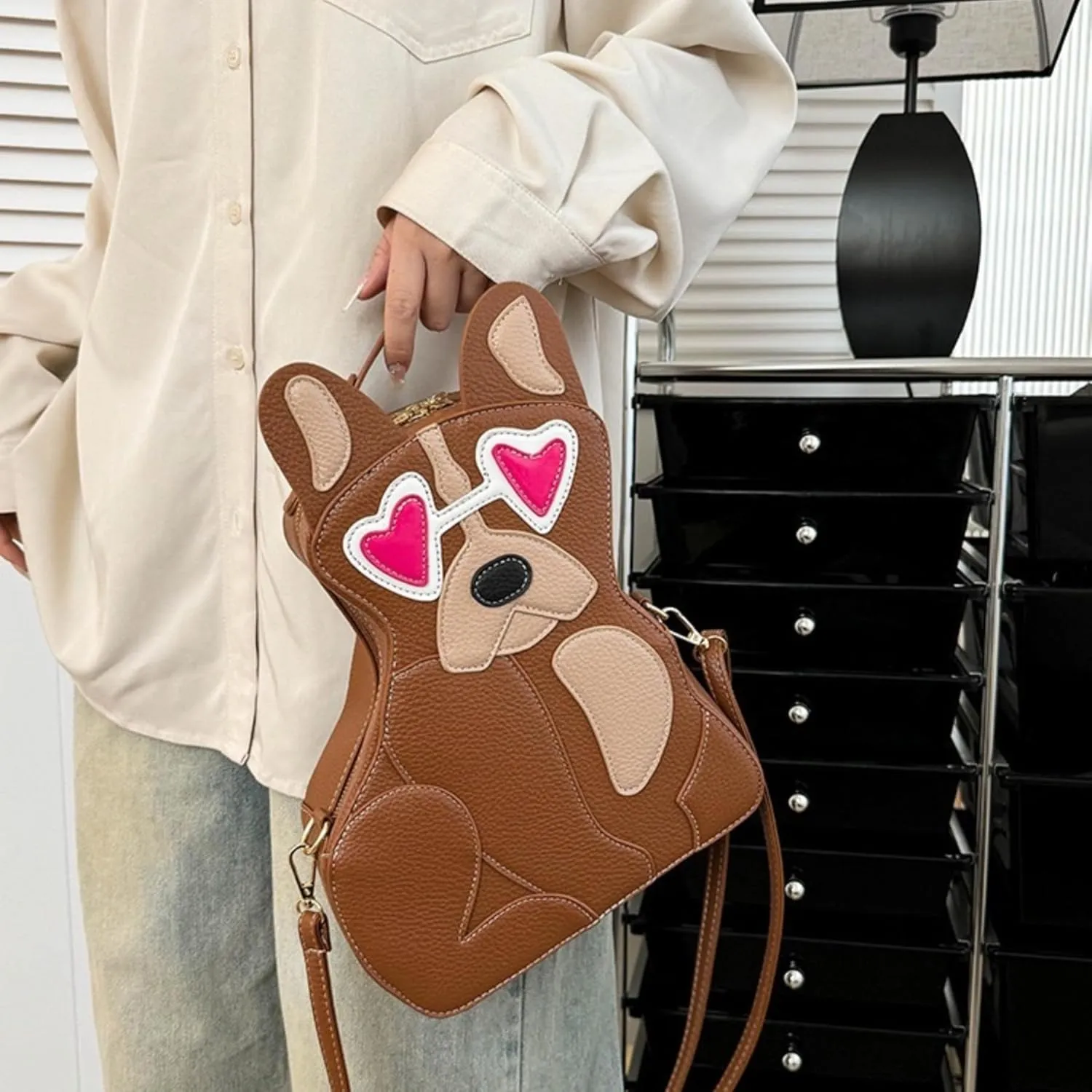 IAMUHI Women Cute Patchwork Dog Puppy Shaped Crossbody Shoulder Bag PU Leather Handbag Unique Novelty Animal Purse