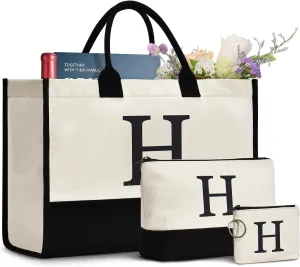 Initial Canvas Tote Bag Birthdays Gift for Women Mom Teacher Friend Bridesmaid,Custom for Wedding Beach Holidays