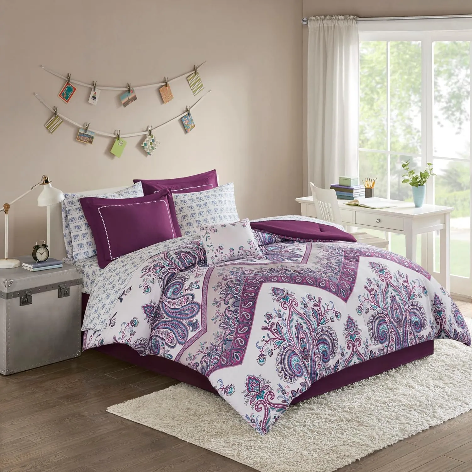 Intelligent Design Complete Bed In A Bag Casual Boho Comforter with Sheet Set Decorative Pillow, All Season Bedding Set, Twin, Tulay Purple 7 Piece