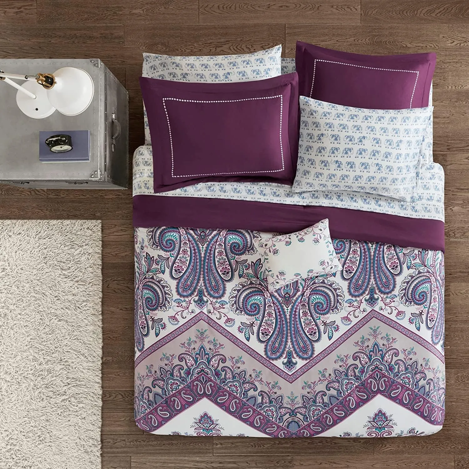 Intelligent Design Complete Bed In A Bag Casual Boho Comforter with Sheet Set Decorative Pillow, All Season Bedding Set, Twin, Tulay Purple 7 Piece