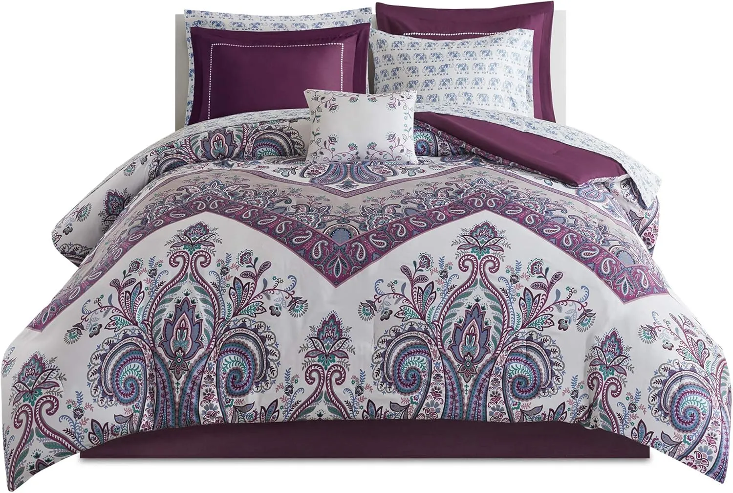 Intelligent Design Complete Bed In A Bag Casual Boho Comforter with Sheet Set Decorative Pillow, All Season Bedding Set, Twin, Tulay Purple 7 Piece
