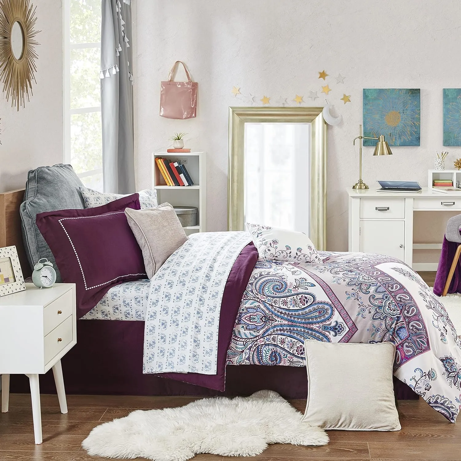 Intelligent Design Complete Bed In A Bag Casual Boho Comforter with Sheet Set Decorative Pillow, All Season Bedding Set, Twin, Tulay Purple 7 Piece
