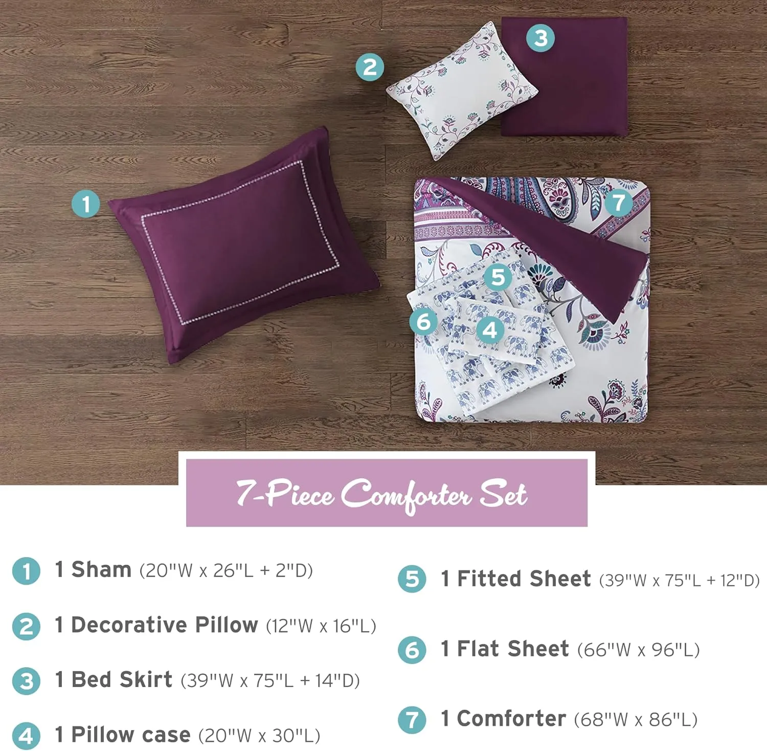 Intelligent Design Complete Bed In A Bag Casual Boho Comforter with Sheet Set Decorative Pillow, All Season Bedding Set, Twin, Tulay Purple 7 Piece