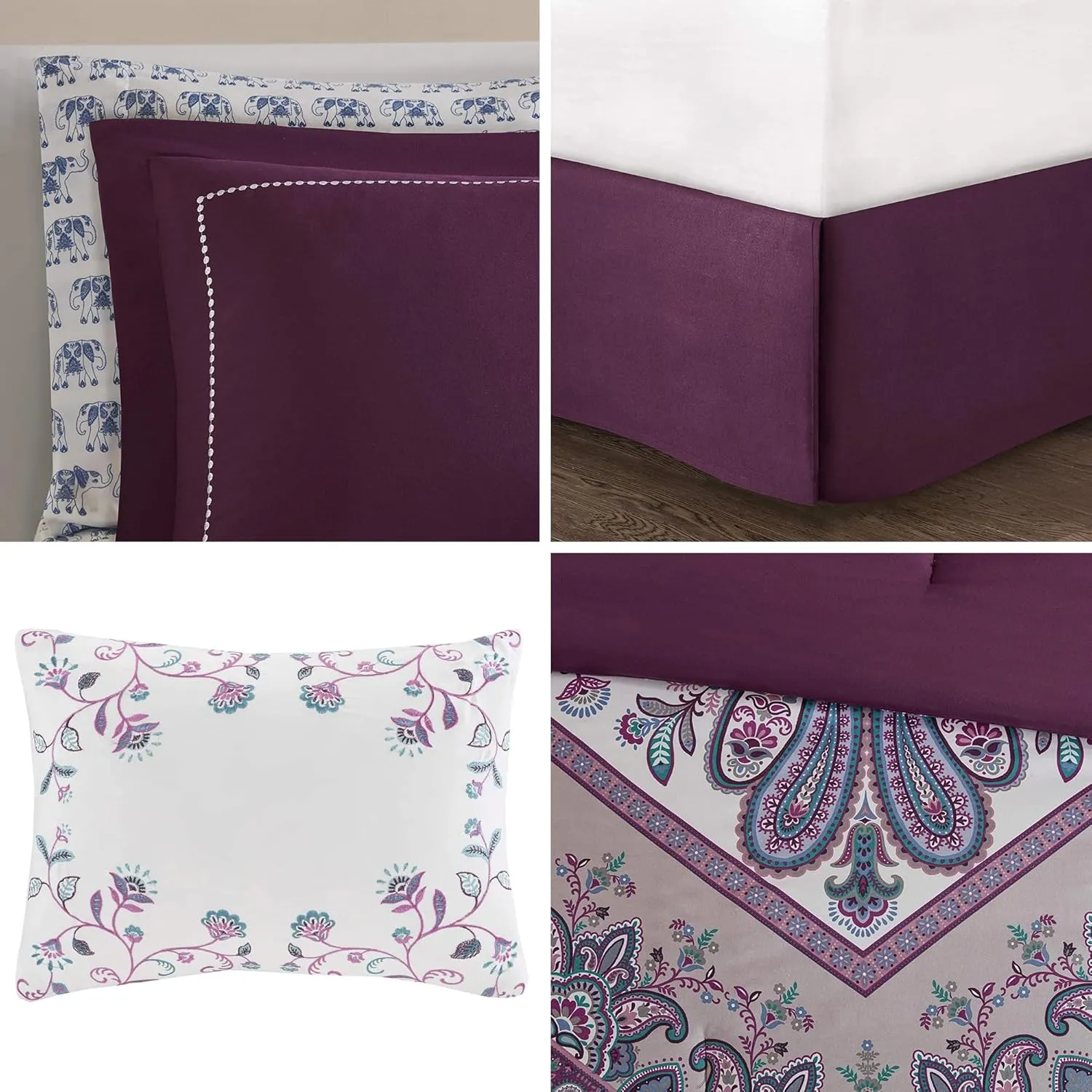 Intelligent Design Complete Bed In A Bag Casual Boho Comforter with Sheet Set Decorative Pillow, All Season Bedding Set, Twin, Tulay Purple 7 Piece