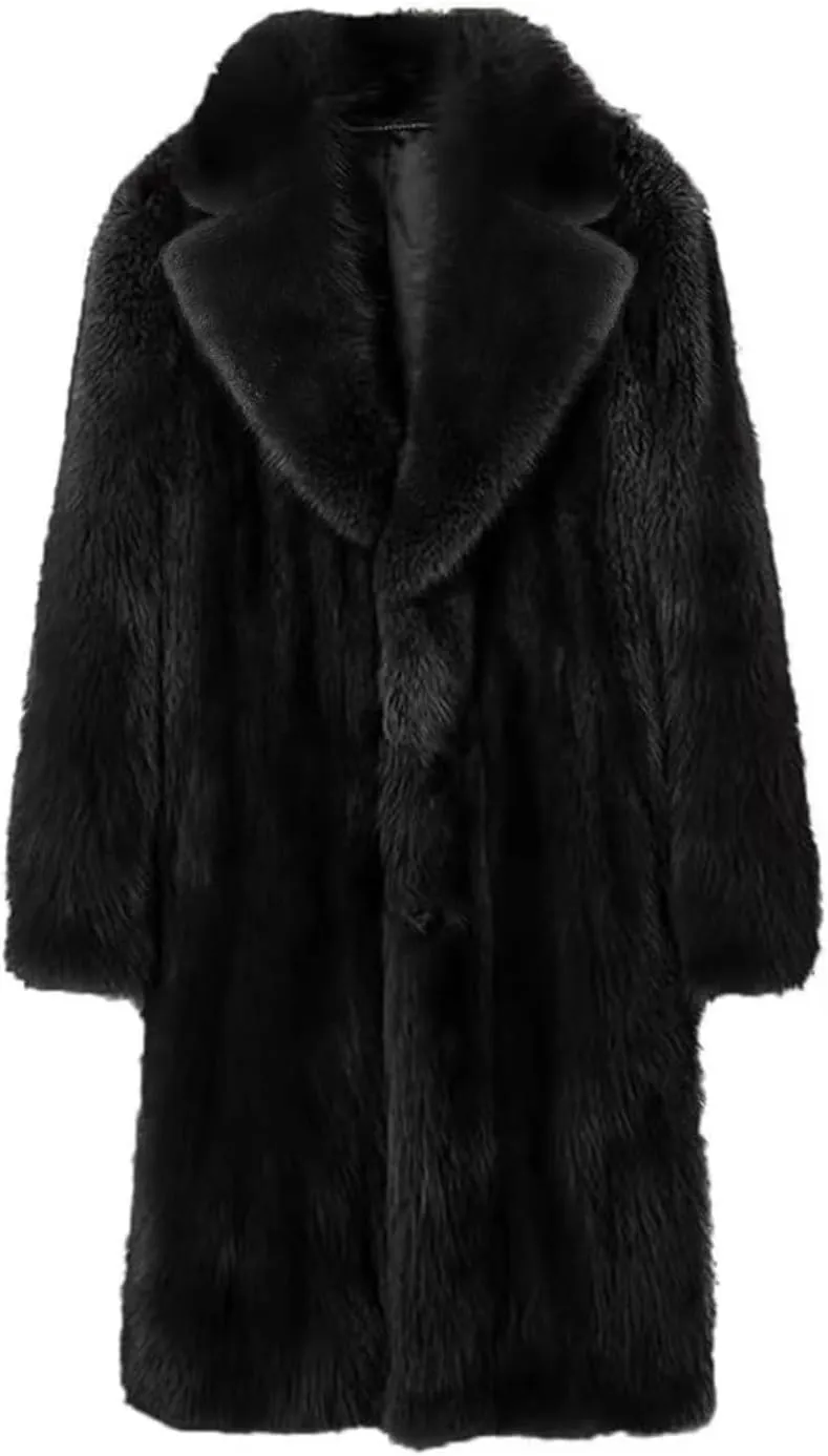INVACHI Men's Faux Fur Coat Winter Long Faux Mink Coat Fluffy Thick Trench Coat for Men