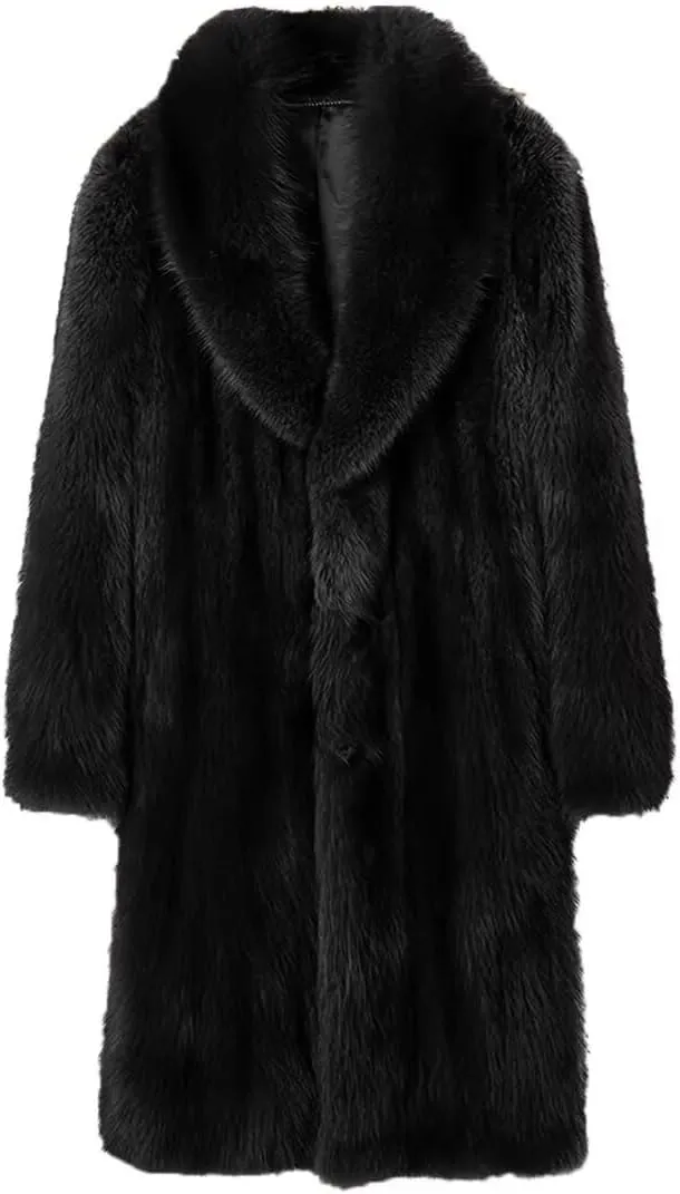 INVACHI Men's Faux Fur Coat Winter Long Faux Mink Coat Fluffy Thick Trench Coat for Men