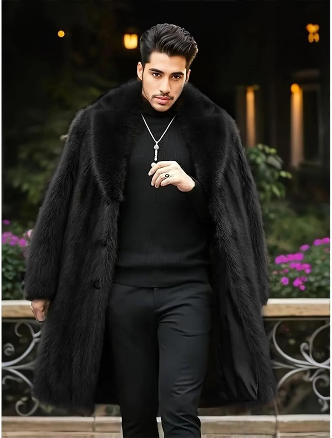 INVACHI Men's Faux Fur Coat Winter Long Faux Mink Coat Fluffy Thick Trench Coat for Men
