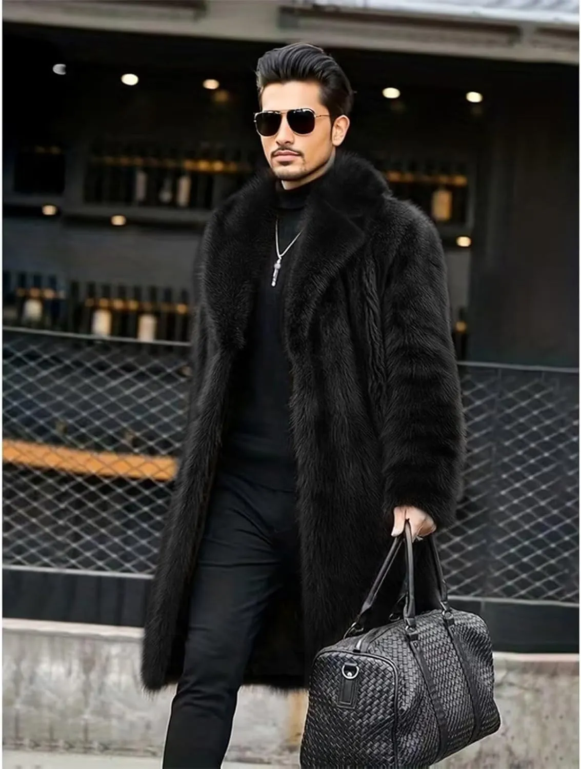 INVACHI Men's Faux Fur Coat Winter Long Faux Mink Coat Fluffy Thick Trench Coat for Men
