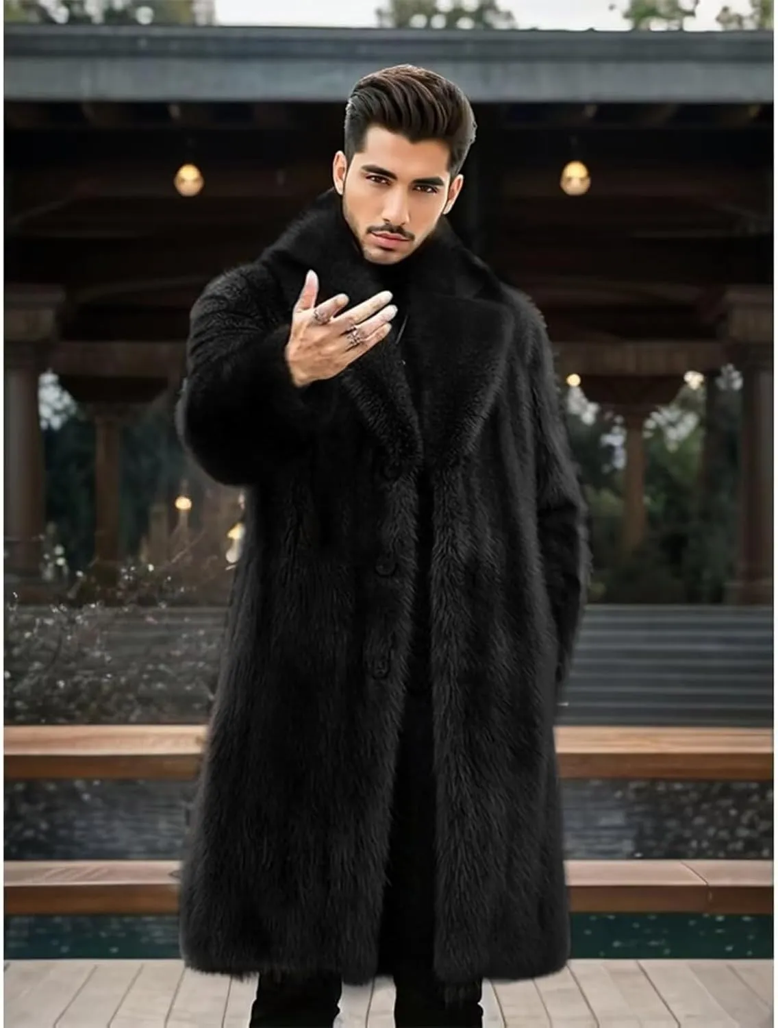 INVACHI Men's Faux Fur Coat Winter Long Faux Mink Coat Fluffy Thick Trench Coat for Men