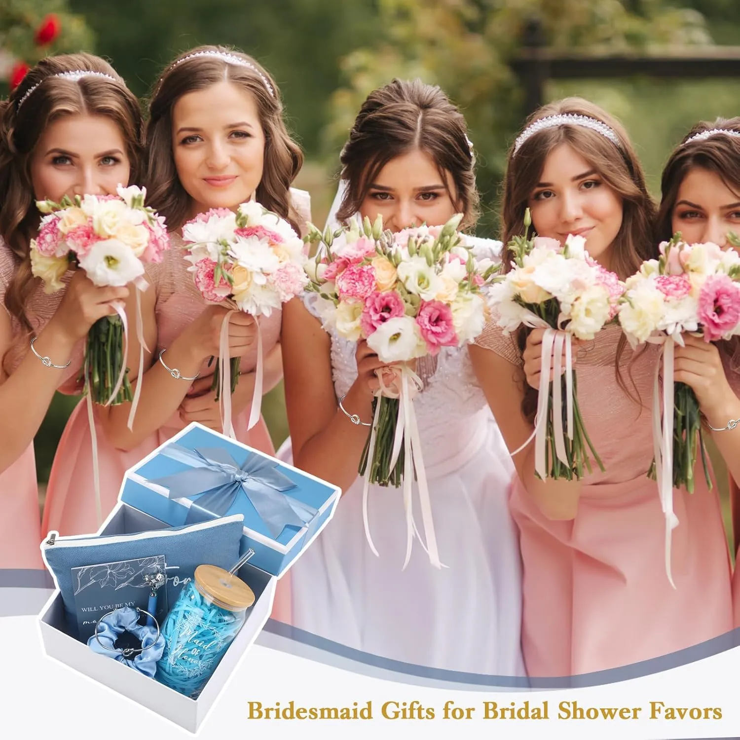 Irenare 8 Pcs Proposal Gifts Set Robes Makeup Bag Cup Cards Hair Tie Bracelet Diamond Pen Bridesmaid Gift Box (Blue,Maid of Honor)