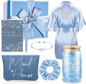 Irenare 8 Pcs Proposal Gifts Set Robes Makeup Bag Cup Cards Hair Tie Bracelet Diamond Pen Bridesmaid Gift Box (Blue,Maid of Honor)