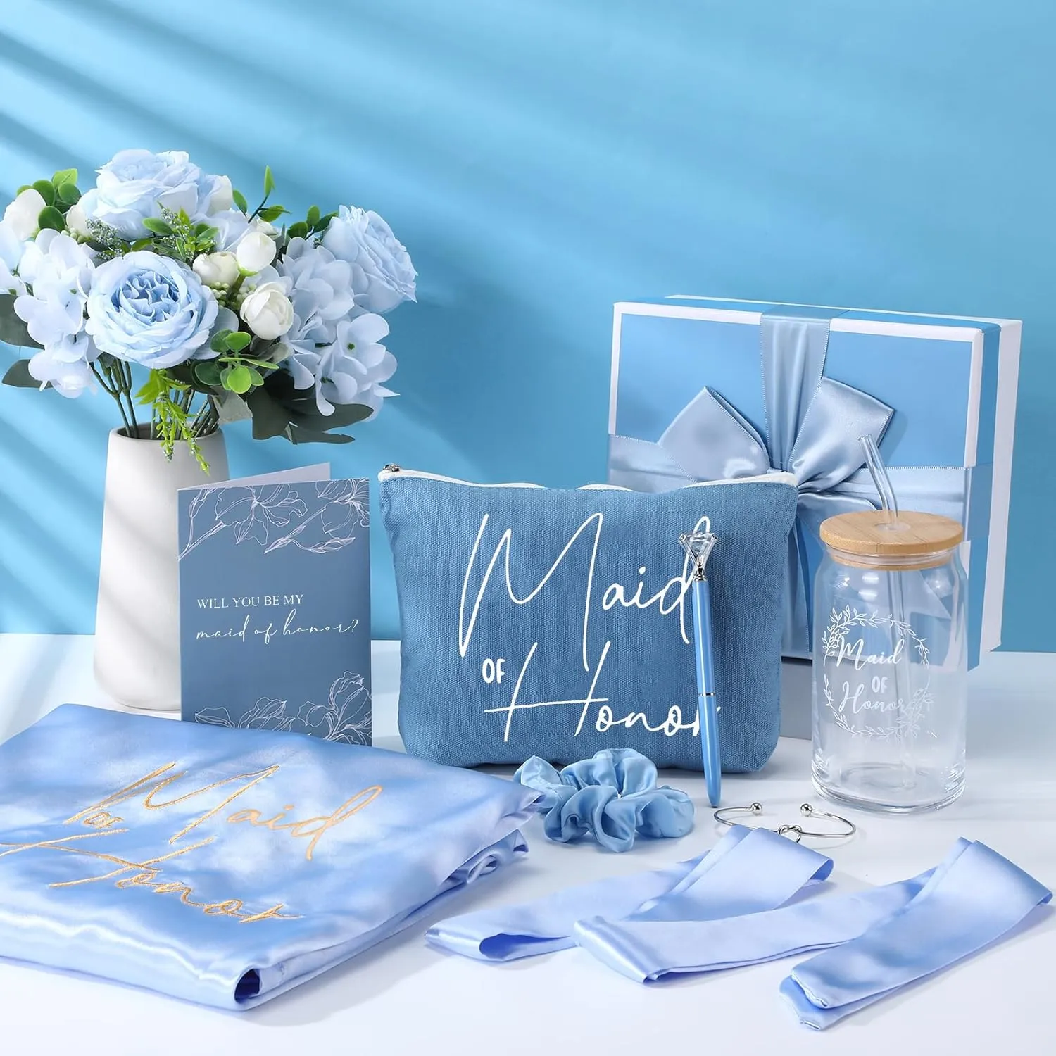 Irenare 8 Pcs Proposal Gifts Set Robes Makeup Bag Cup Cards Hair Tie Bracelet Diamond Pen Bridesmaid Gift Box (Blue,Maid of Honor)