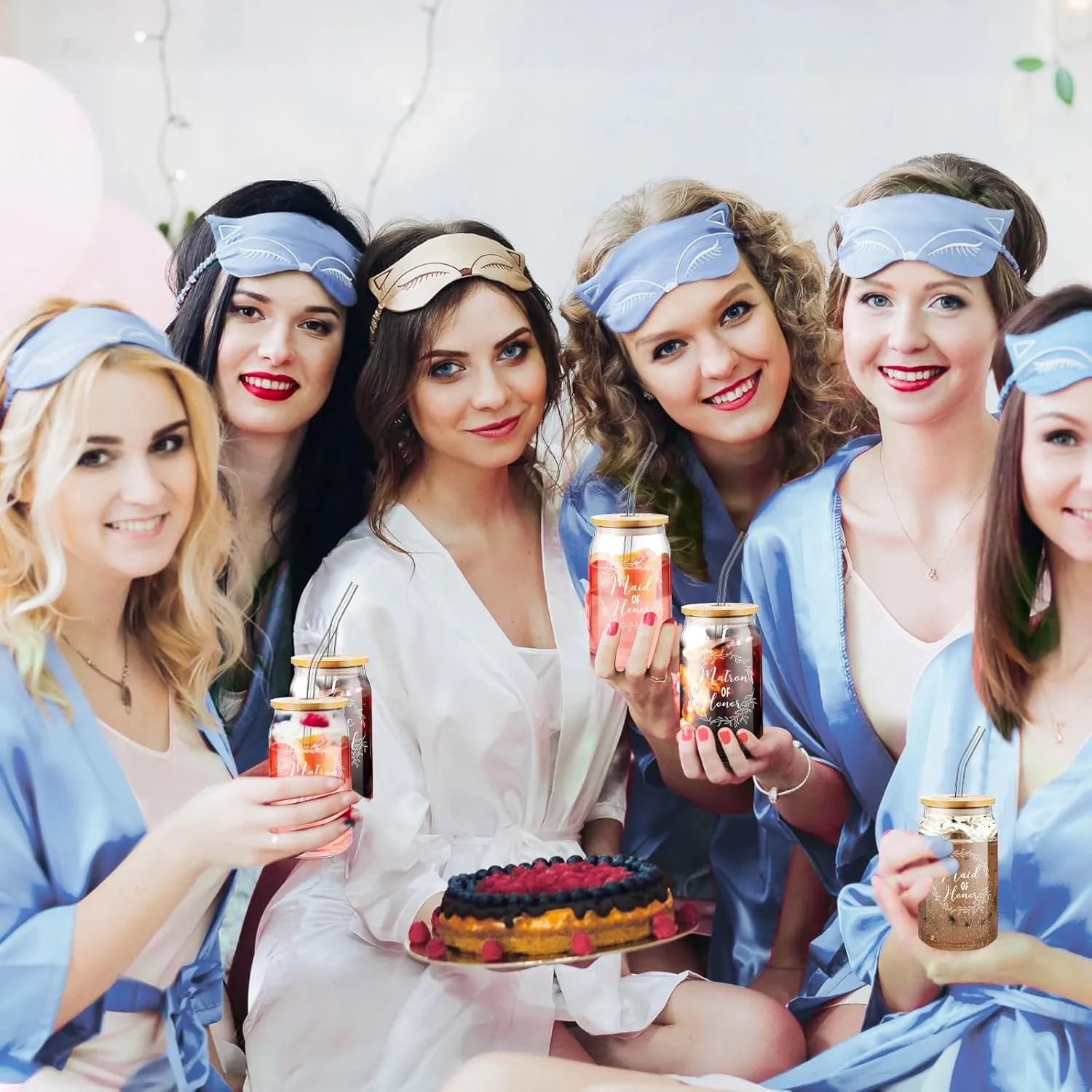 Irenare 8 Pcs Proposal Gifts Set Robes Makeup Bag Cup Cards Hair Tie Bracelet Diamond Pen Bridesmaid Gift Box (Blue,Maid of Honor)