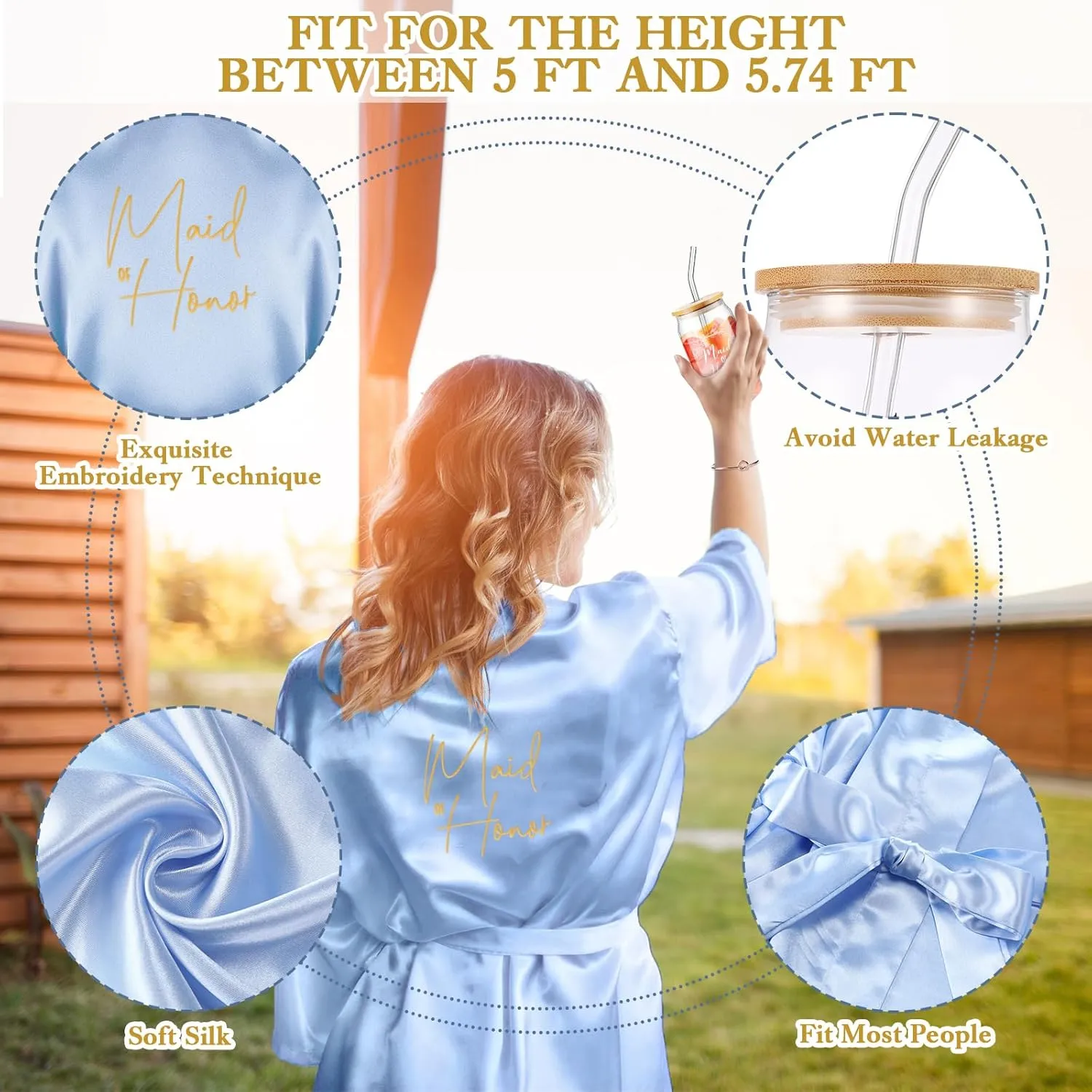 Irenare 8 Pcs Proposal Gifts Set Robes Makeup Bag Cup Cards Hair Tie Bracelet Diamond Pen Bridesmaid Gift Box (Blue,Maid of Honor)