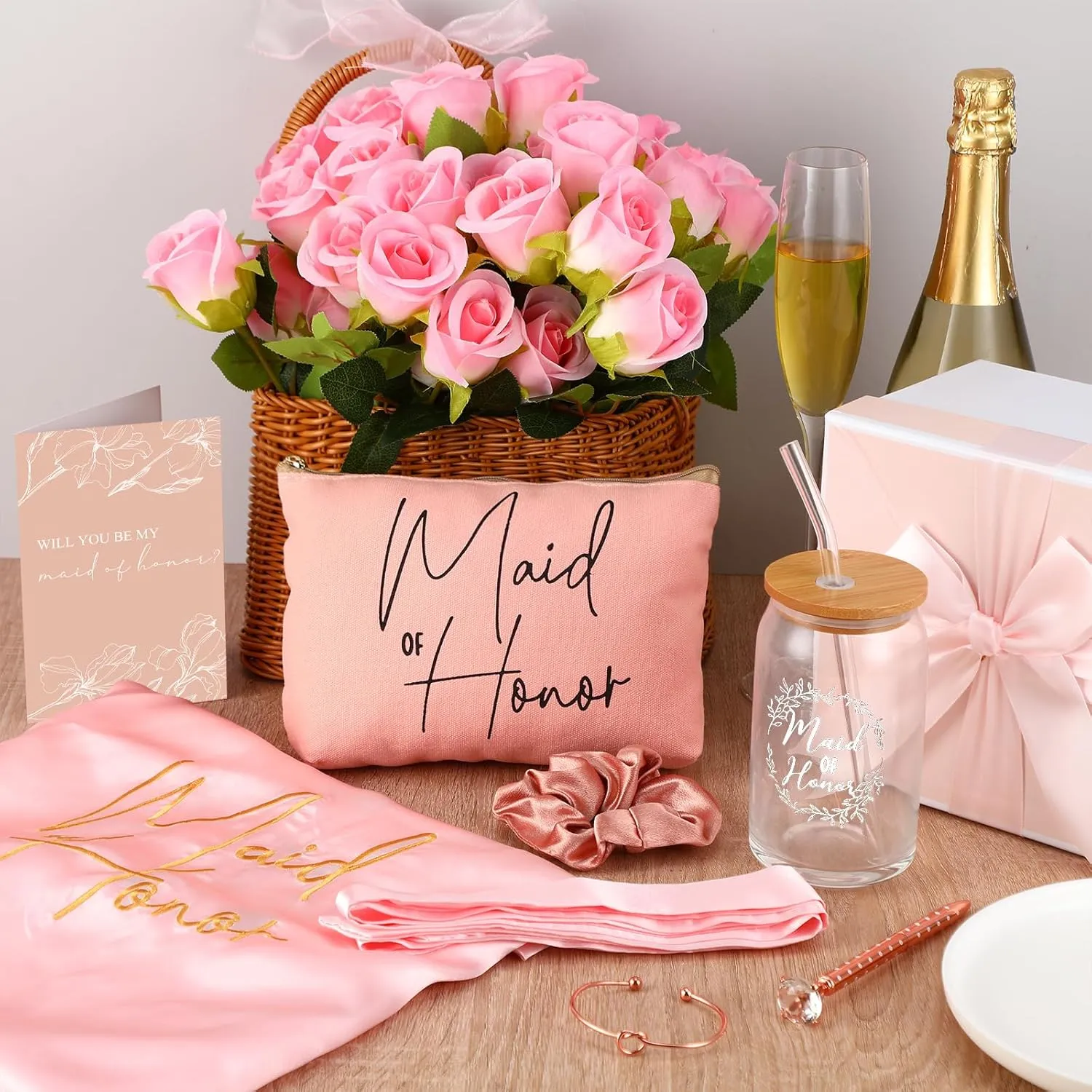 Irenare 8 Pcs Proposal Gifts Set Robes Makeup Bag Cup Cards Hair Tie Bracelet Diamond Pen Bridesmaid Gift Box(Pink,Maid of Honor)