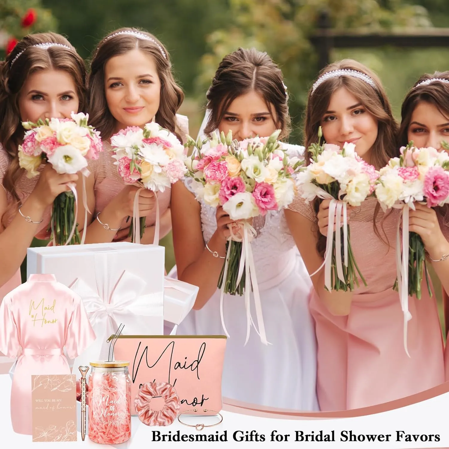 Irenare 8 Pcs Proposal Gifts Set Robes Makeup Bag Cup Cards Hair Tie Bracelet Diamond Pen Bridesmaid Gift Box(Pink,Maid of Honor)