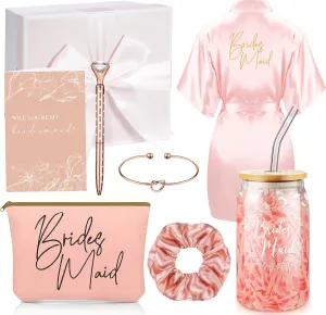 Irenare Bridesmaid Proposal Gifts Set Robes Makeup Bag Cup Cards Hair Tie Bracelet Diamond Pen Bridesmaid Gift Box(Pink,8 Pcs)