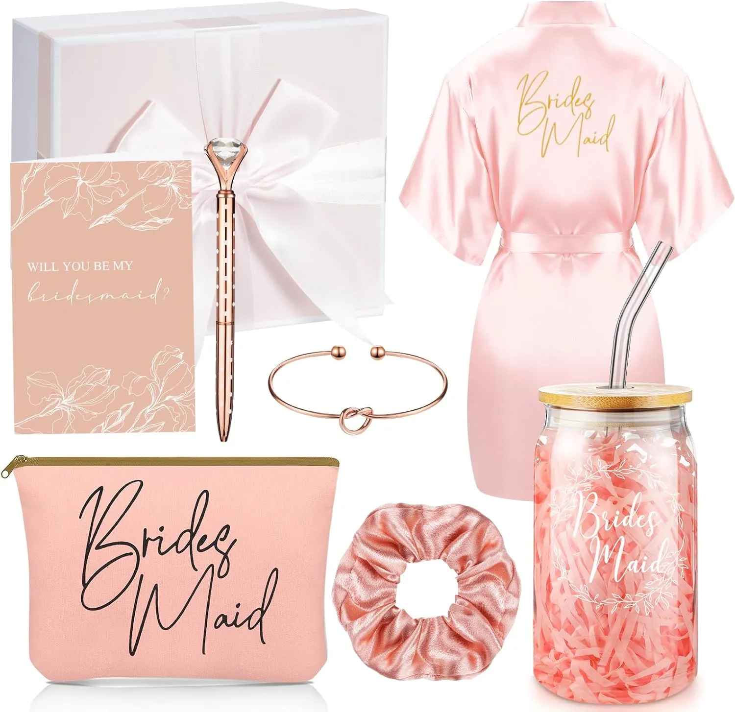 Irenare Bridesmaid Proposal Gifts Set Robes Makeup Bag Cup Cards Hair Tie Bracelet Diamond Pen Bridesmaid Gift Box(Pink,8 Pcs)