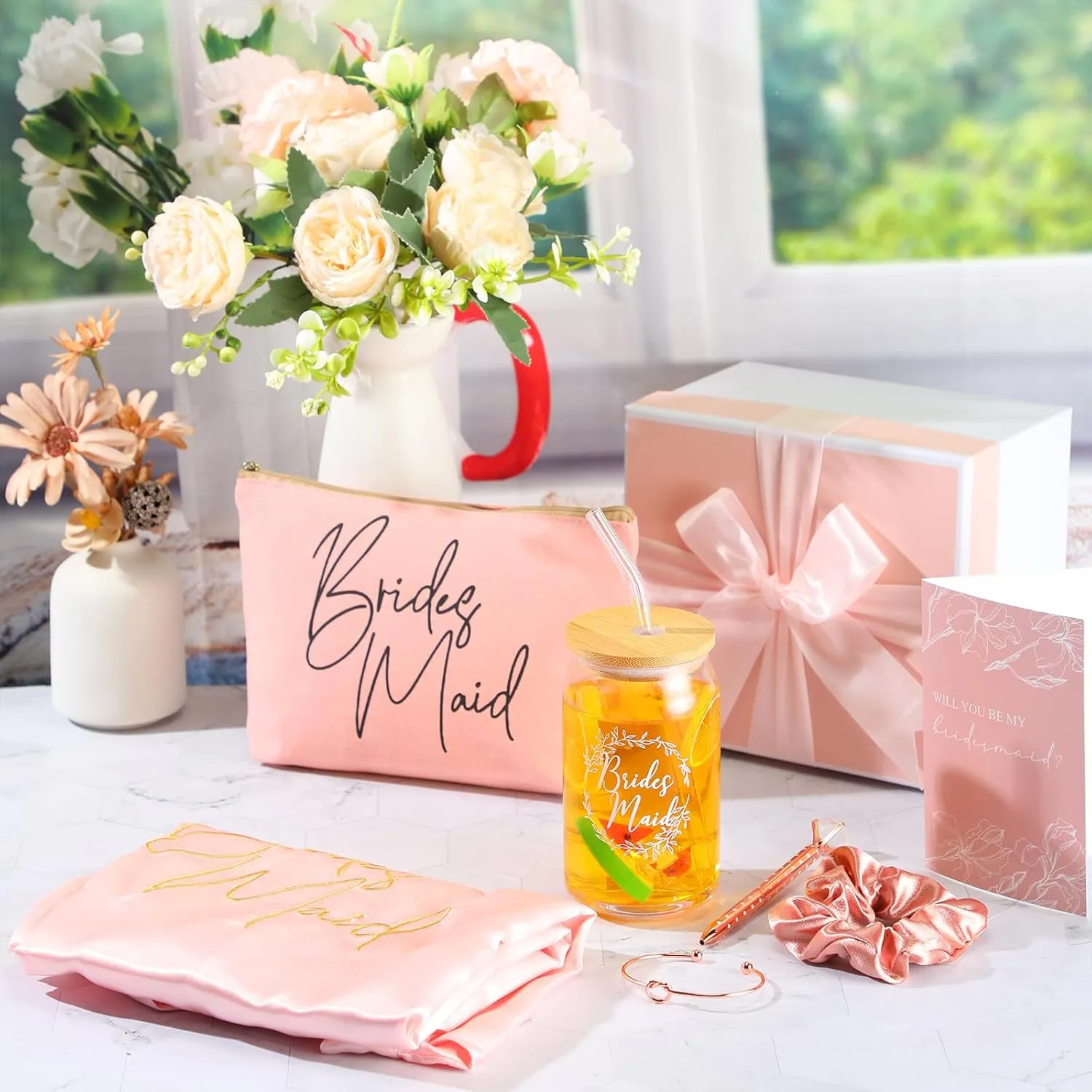 Irenare Bridesmaid Proposal Gifts Set Robes Makeup Bag Cup Cards Hair Tie Bracelet Diamond Pen Bridesmaid Gift Box(Pink,8 Pcs)