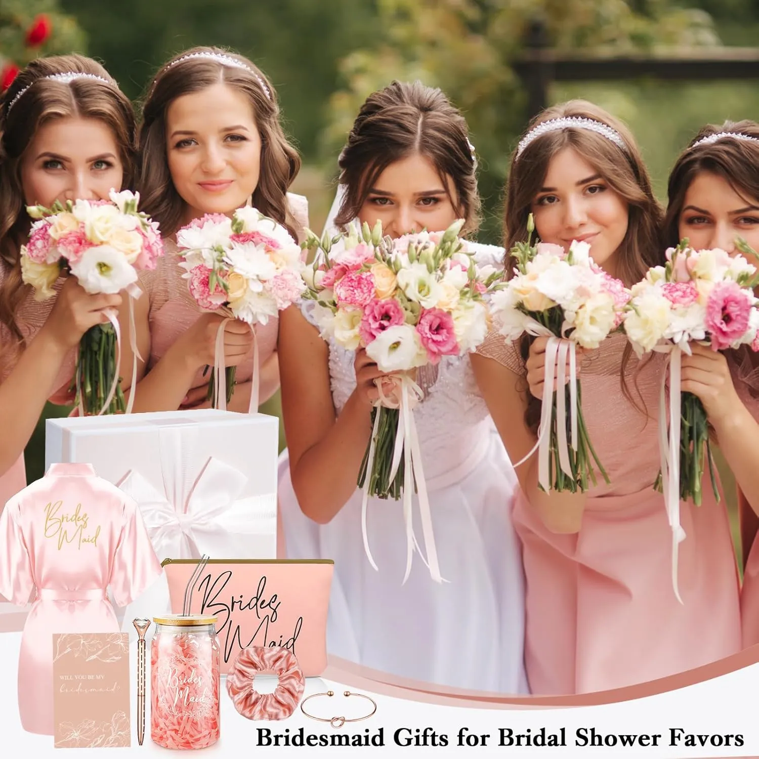 Irenare Bridesmaid Proposal Gifts Set Robes Makeup Bag Cup Cards Hair Tie Bracelet Diamond Pen Bridesmaid Gift Box(Pink,8 Pcs)