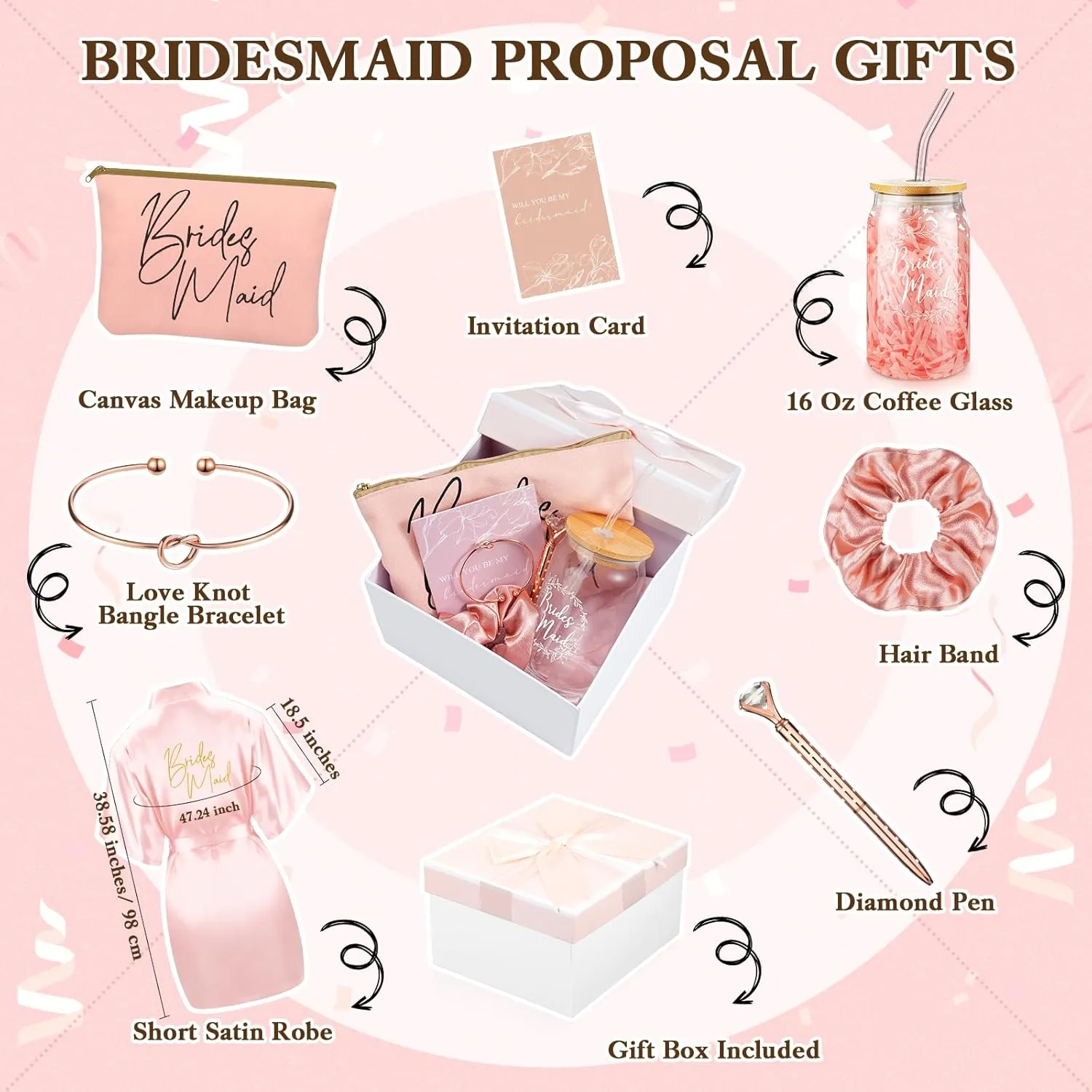Irenare Bridesmaid Proposal Gifts Set Robes Makeup Bag Cup Cards Hair Tie Bracelet Diamond Pen Bridesmaid Gift Box(Pink,8 Pcs)