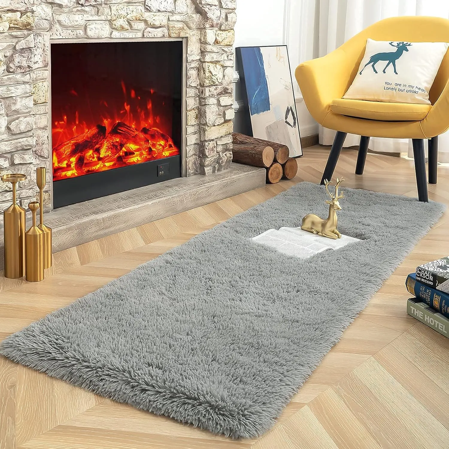 ISEAU Fluffy Runner Rug for Bedroom Plush Area Rugs, Shag Carpet with Rubber Backing Non Slip, Comfy Nursery Rug Bedside Rug for Kids Boys Room Home Decor, 2ft x 6ft, Grey