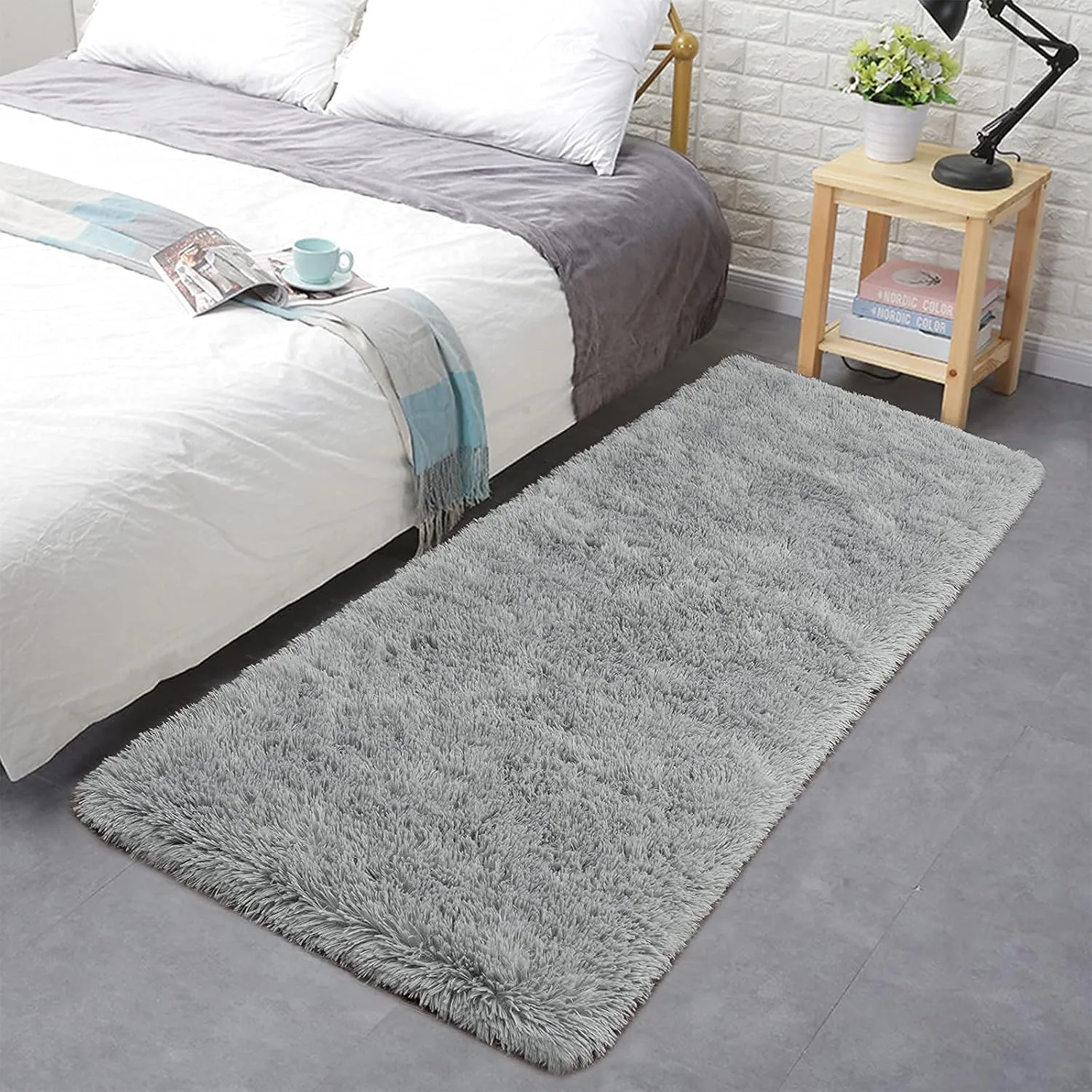 ISEAU Fluffy Runner Rug for Bedroom Plush Area Rugs, Shag Carpet with Rubber Backing Non Slip, Comfy Nursery Rug Bedside Rug for Kids Boys Room Home Decor, 2ft x 6ft, Grey