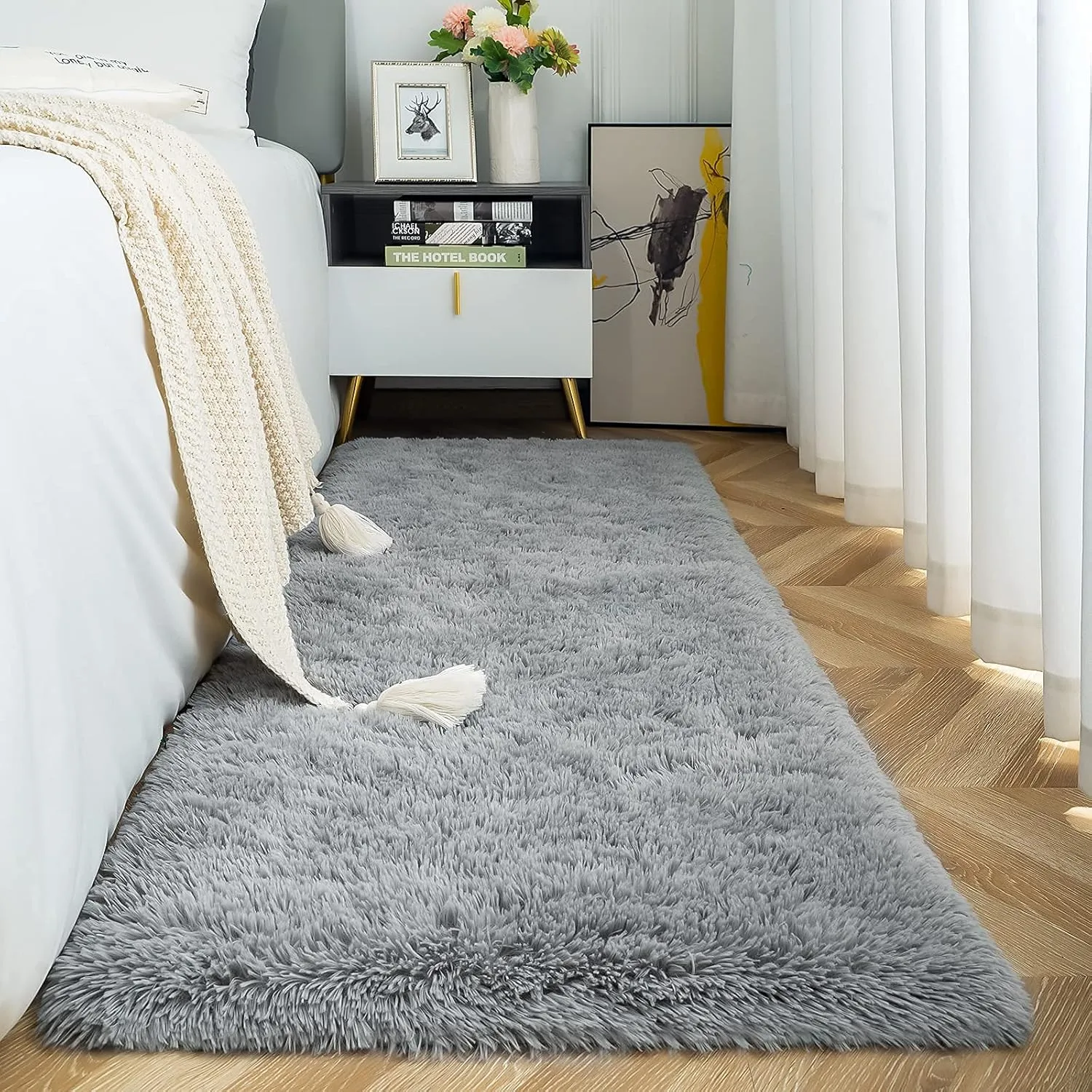 ISEAU Fluffy Runner Rug for Bedroom Plush Area Rugs, Shag Carpet with Rubber Backing Non Slip, Comfy Nursery Rug Bedside Rug for Kids Boys Room Home Decor, 2ft x 6ft, Grey