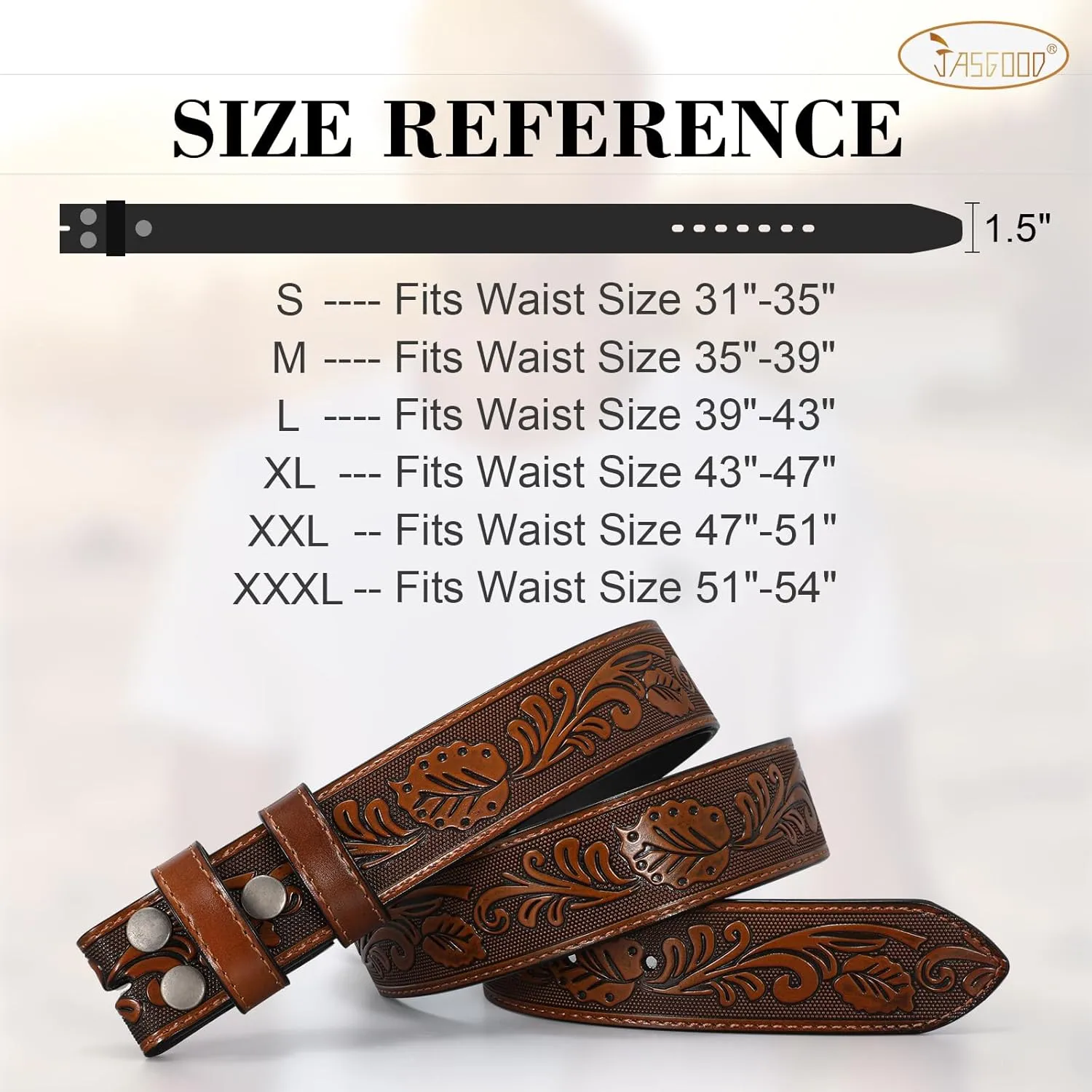 JASGOOD Mens Western Leather Belt Strap Without Buckle 1.5" Vintage Replacement Cowboy Leather Belt Strap with Snap on Buckle
