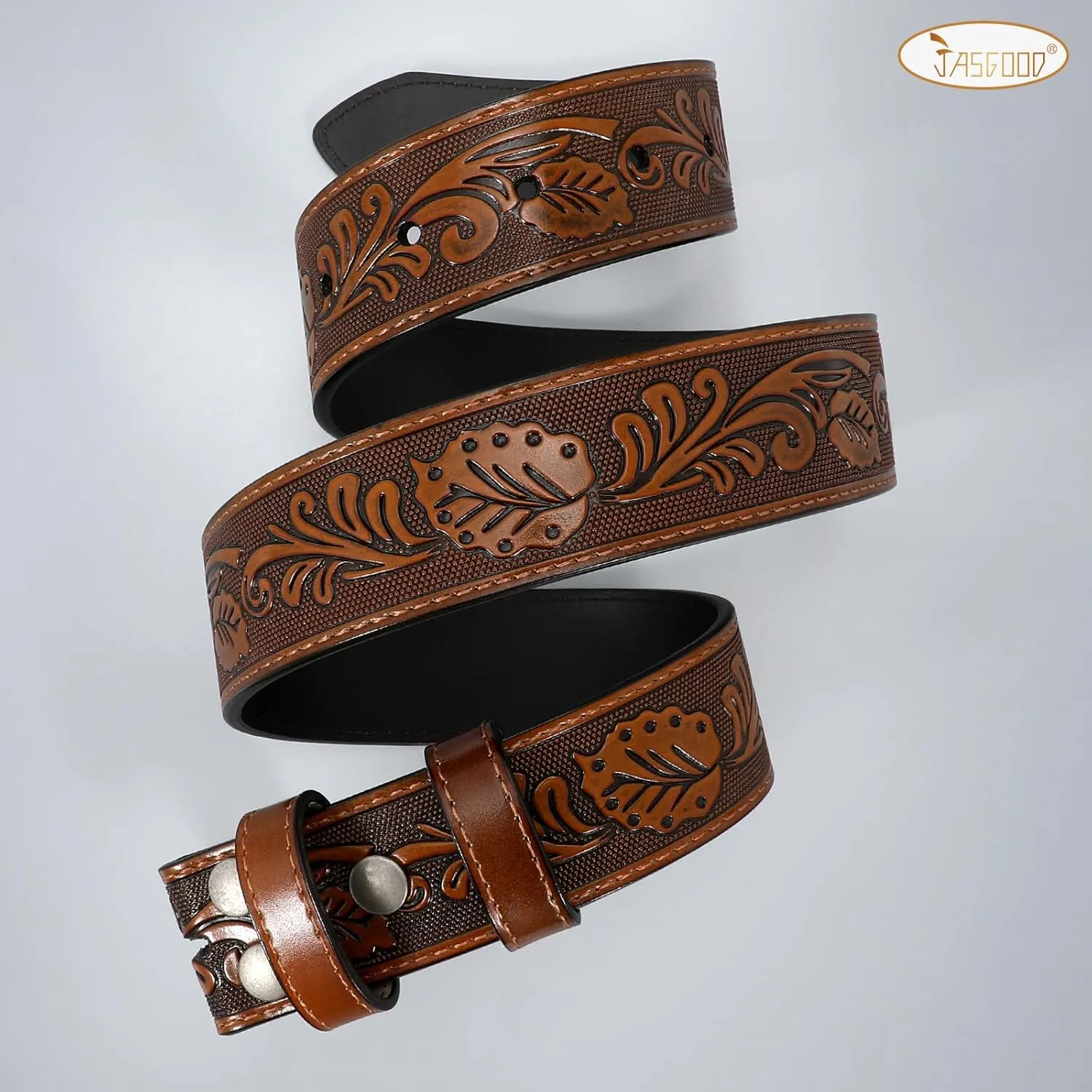 JASGOOD Mens Western Leather Belt Strap Without Buckle 1.5" Vintage Replacement Cowboy Leather Belt Strap with Snap on Buckle