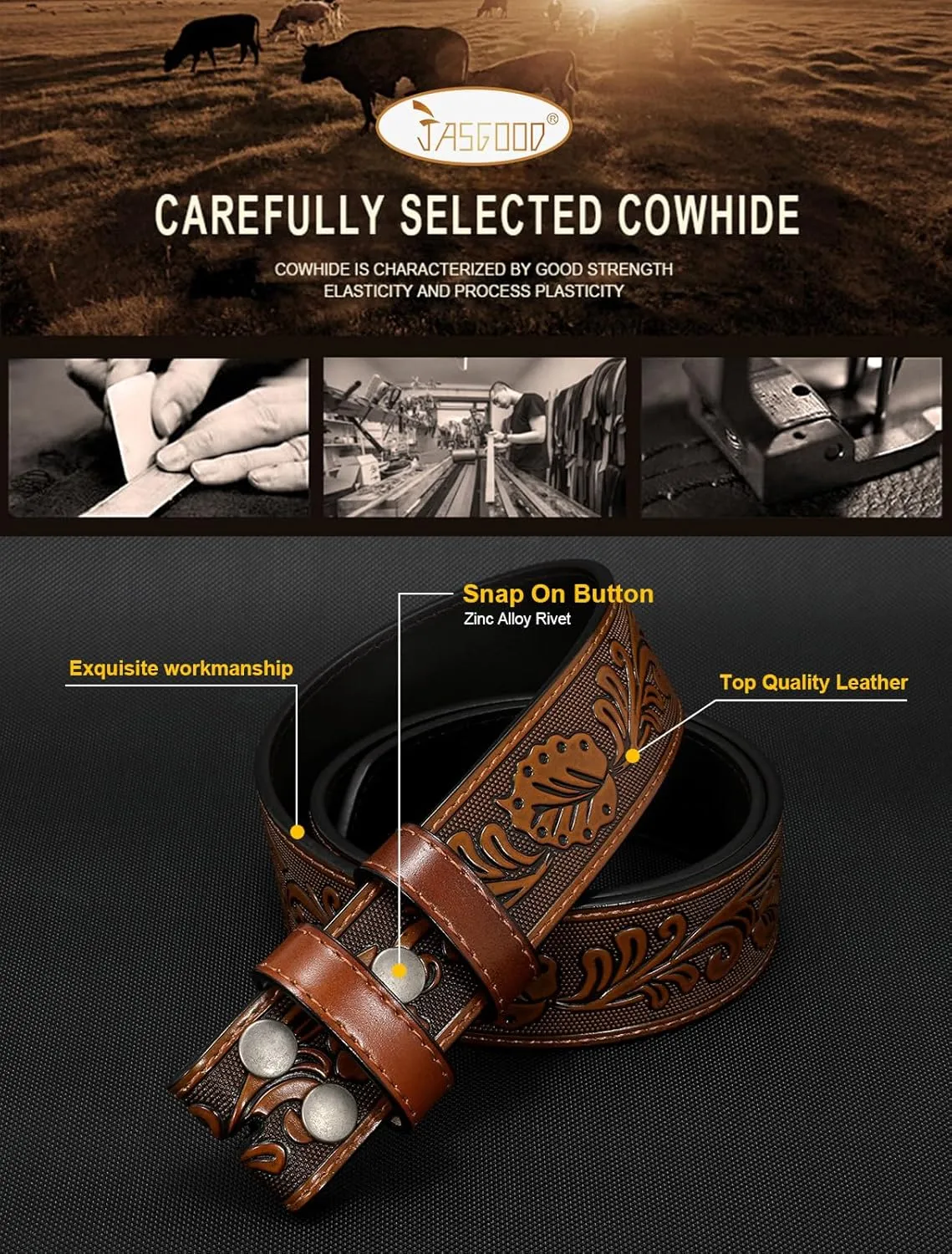 JASGOOD Mens Western Leather Belt Strap Without Buckle 1.5" Vintage Replacement Cowboy Leather Belt Strap with Snap on Buckle