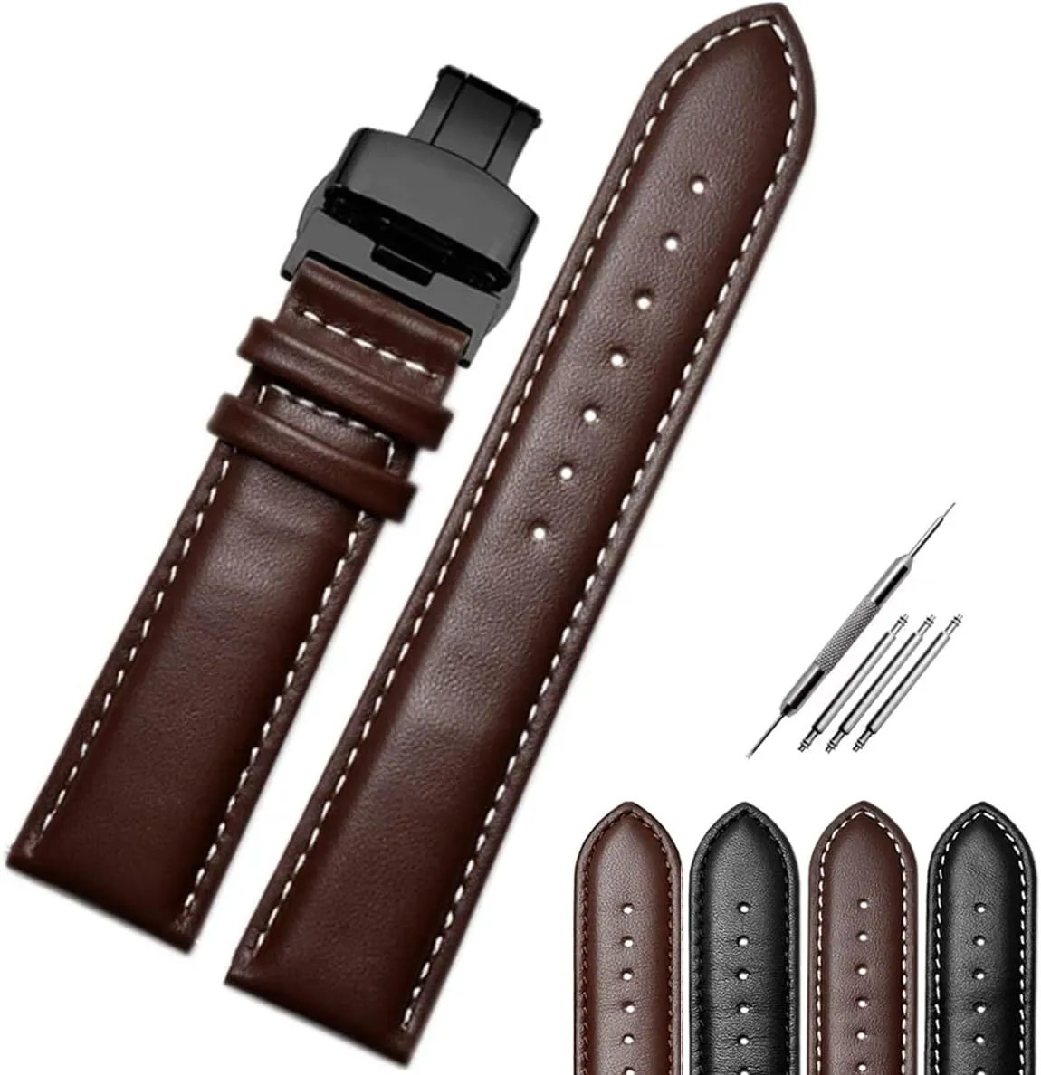 Jaxon Black Butterfly Deployment Clasp Top Grain Leather Watch Band Padded Stitched Watchband Color Black, Brown Premium Watch Strap Replacement for Men & Women Fit Most Watches