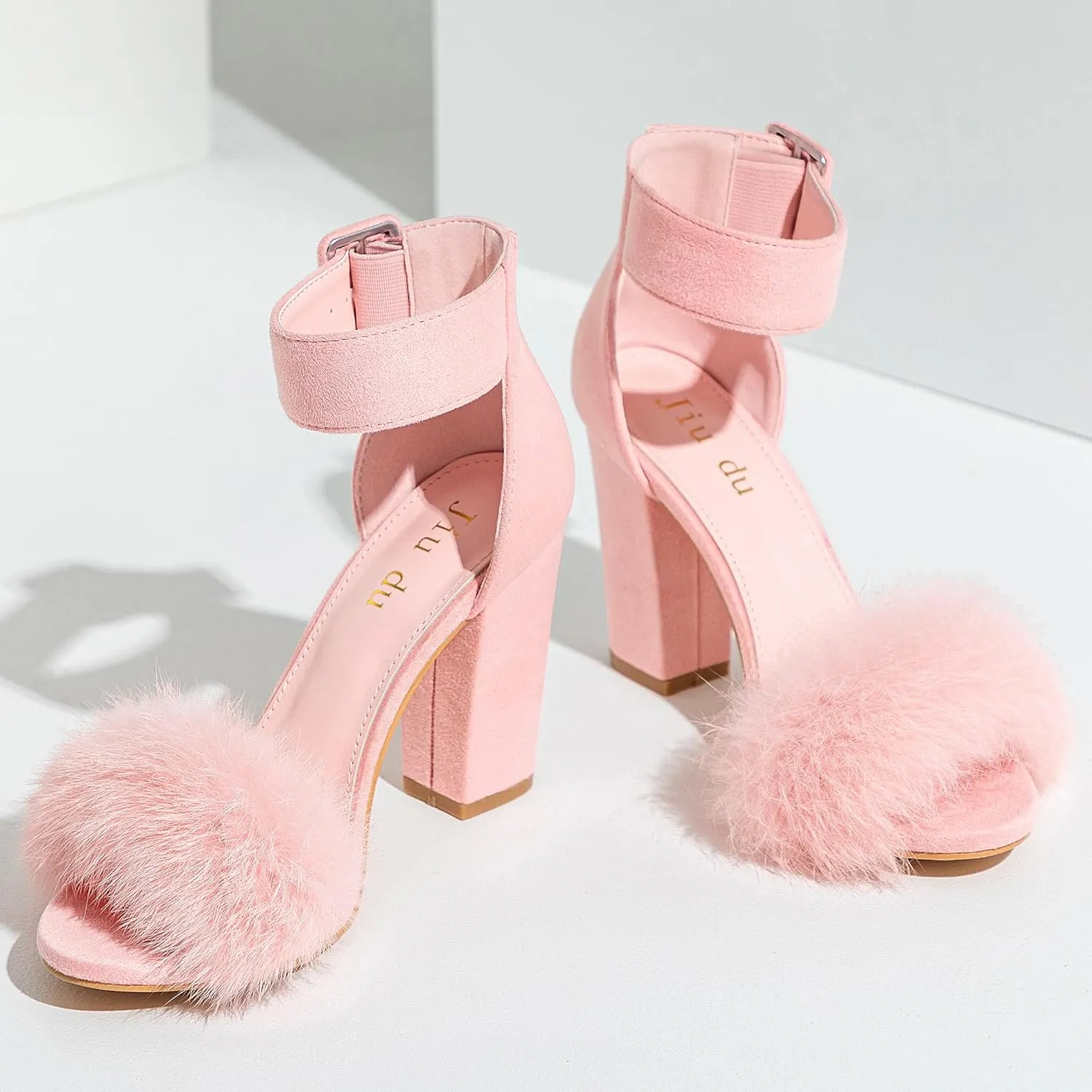 Jiu du Chunky Heels for Women Fur Feather High Heels Open Toe Ankle Strap Fuzzy Fluffy Block Heeled Shoes Prom Party Dance