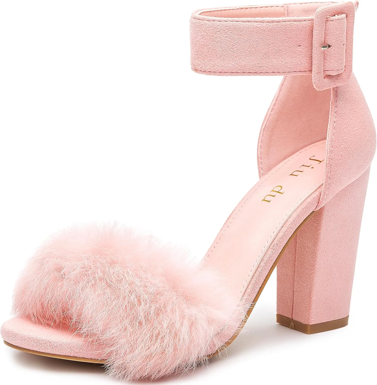 Jiu du Chunky Heels for Women Fur Feather High Heels Open Toe Ankle Strap Fuzzy Fluffy Block Heeled Shoes Prom Party Dance