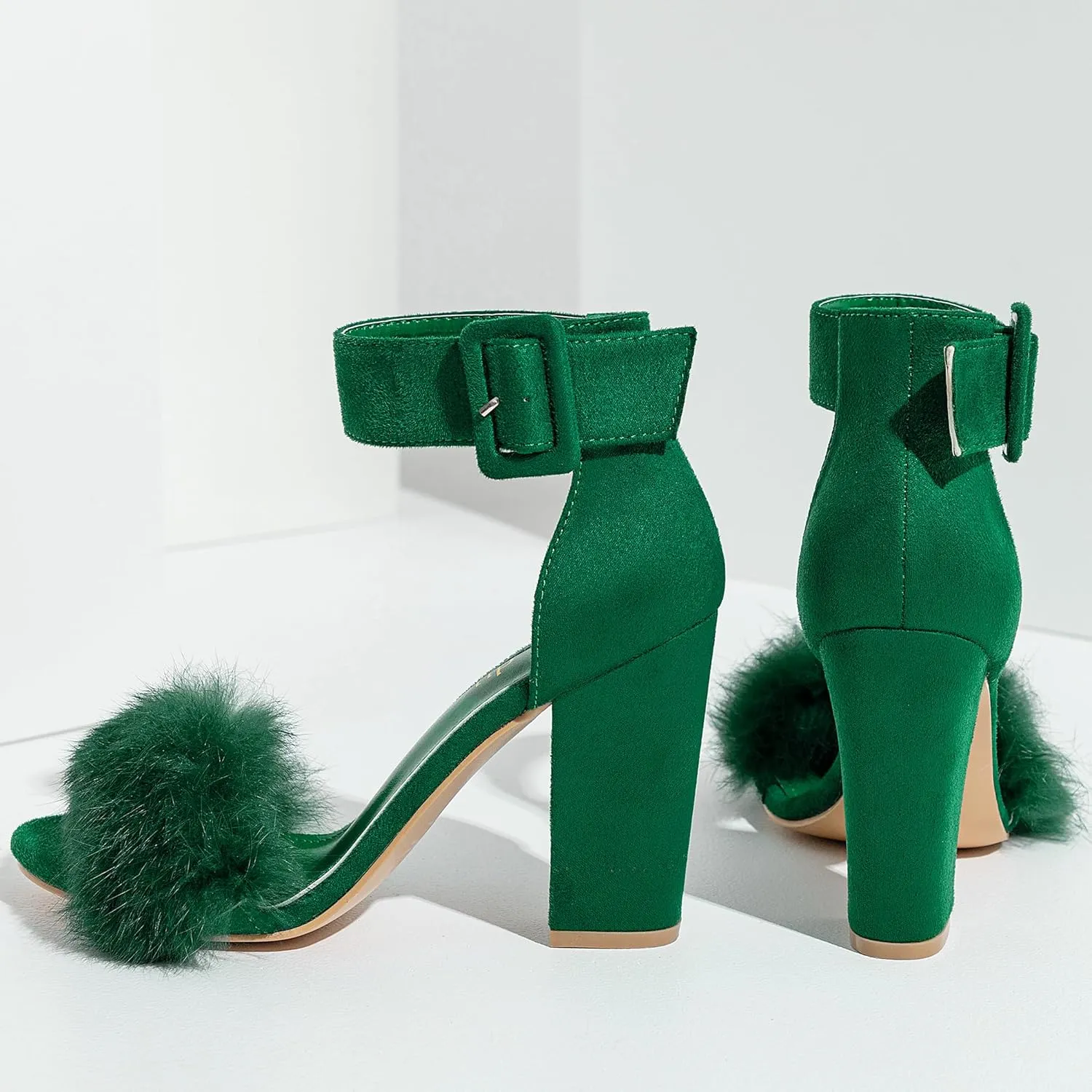 Jiu du Chunky Heels for Women Fur Feather High Heels Open Toe Ankle Strap Fuzzy Fluffy Block Heeled Shoes Prom Party Dance