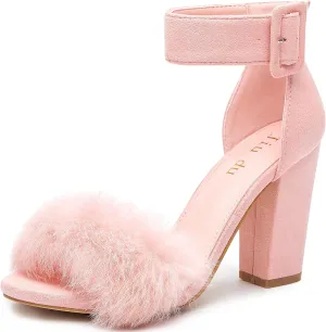 Jiu du Chunky Heels for Women Fur Feather High Heels Open Toe Ankle Strap Fuzzy Fluffy Block Heeled Shoes Prom Party Dance