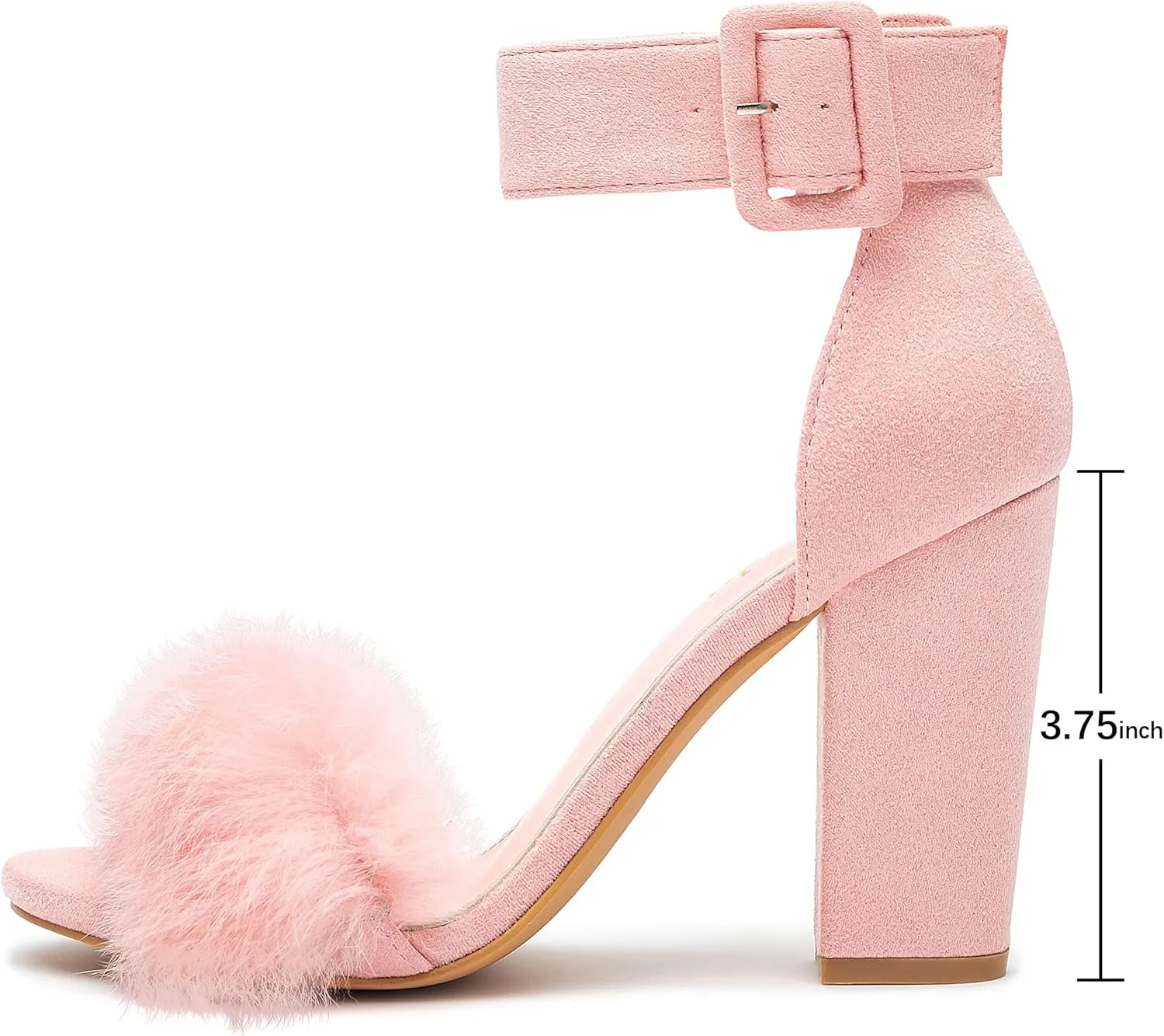 Jiu du Chunky Heels for Women Fur Feather High Heels Open Toe Ankle Strap Fuzzy Fluffy Block Heeled Shoes Prom Party Dance