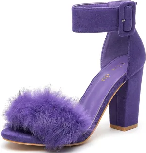 Jiu du Chunky Heels for Women Fur Feather High Heels Open Toe Ankle Strap Fuzzy Fluffy Block Heeled Shoes Prom Party Dance