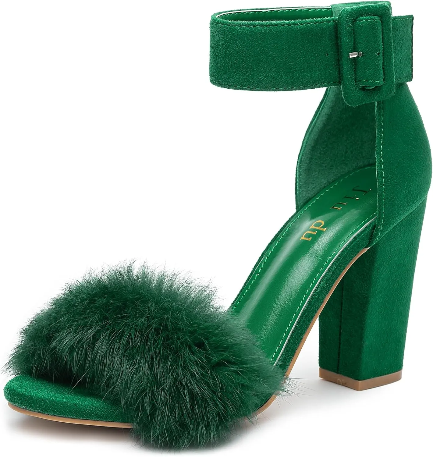 Jiu du Chunky Heels for Women Fur Feather High Heels Open Toe Ankle Strap Fuzzy Fluffy Block Heeled Shoes Prom Party Dance