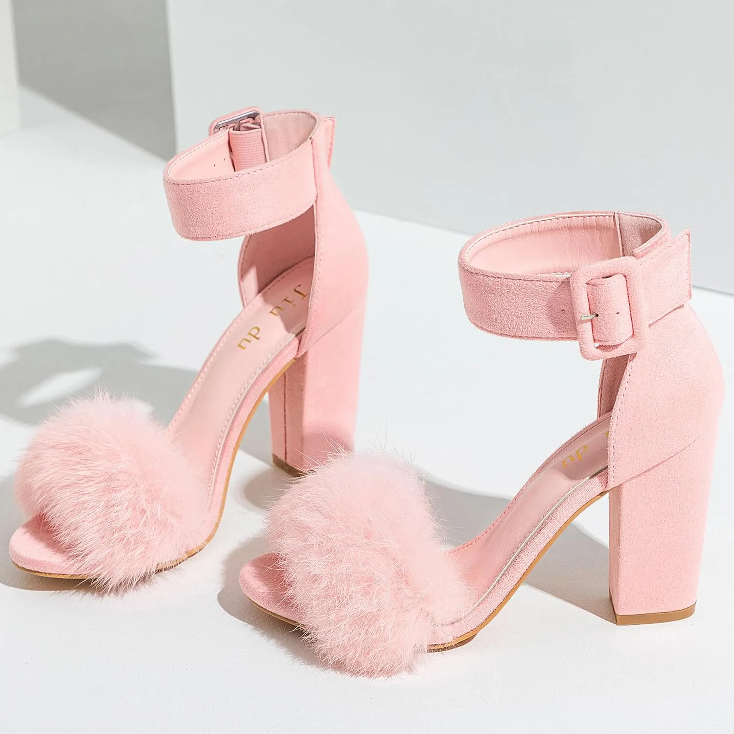 Jiu du Chunky Heels for Women Fur Feather High Heels Open Toe Ankle Strap Fuzzy Fluffy Block Heeled Shoes Prom Party Dance