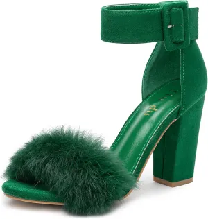 Jiu du Chunky Heels for Women Fur Feather High Heels Open Toe Ankle Strap Fuzzy Fluffy Block Heeled Shoes Prom Party Dance