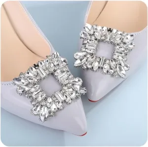 Jumwrit 2Pcs Silver Square Crystal Bridal Shoe Clips for Women Removable Sparkly Rhinestone Shoe Buckles Wedding Party Prom Shoe Charms for Heels Flats Decorative Shoe Decoration Accessories