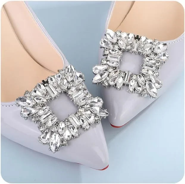 Jumwrit 2Pcs Silver Square Crystal Bridal Shoe Clips for Women Removable Sparkly Rhinestone Shoe Buckles Wedding Party Prom Shoe Charms for Heels Flats Decorative Shoe Decoration Accessories