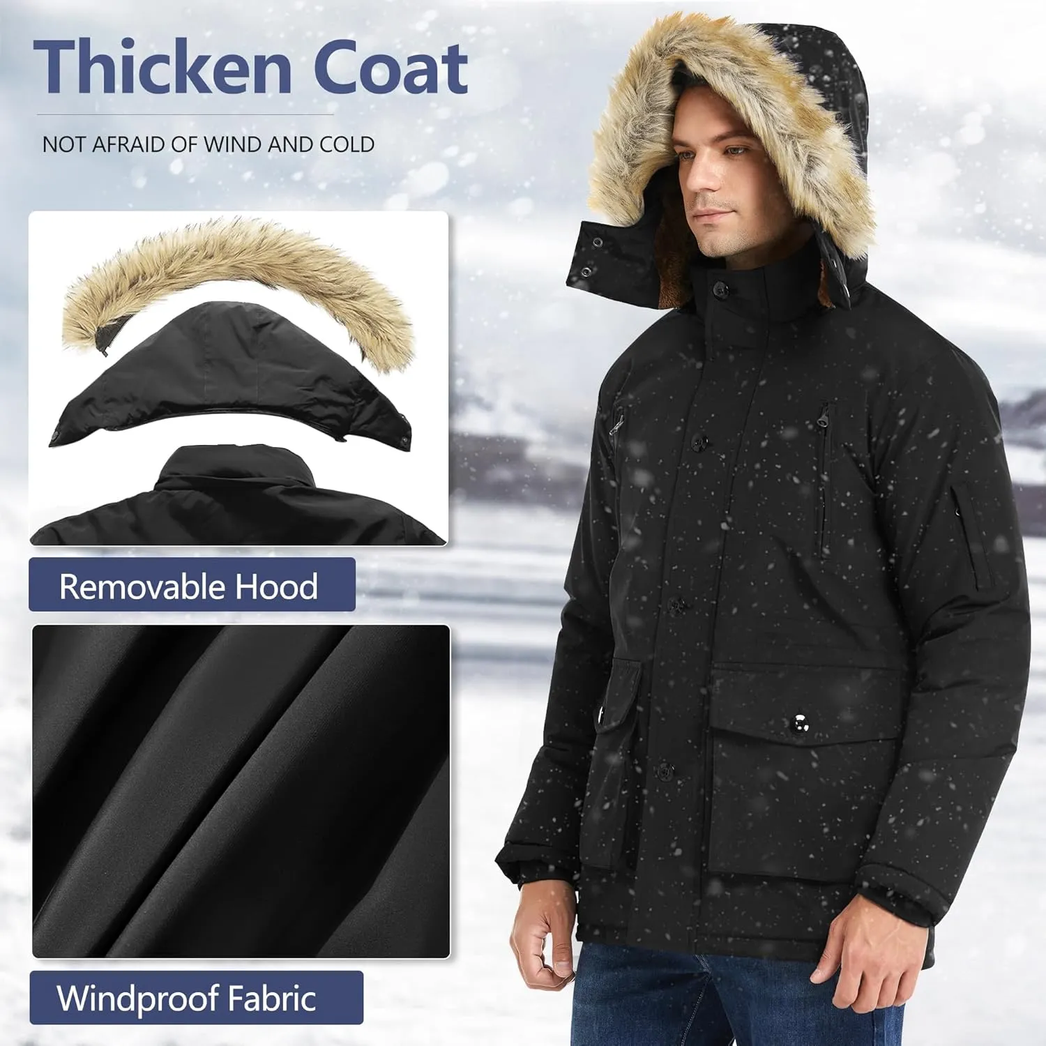 JYG Men's Winter Thicken Coat Warm Puffer Parka Jacket with Faux Fur Removable Hood