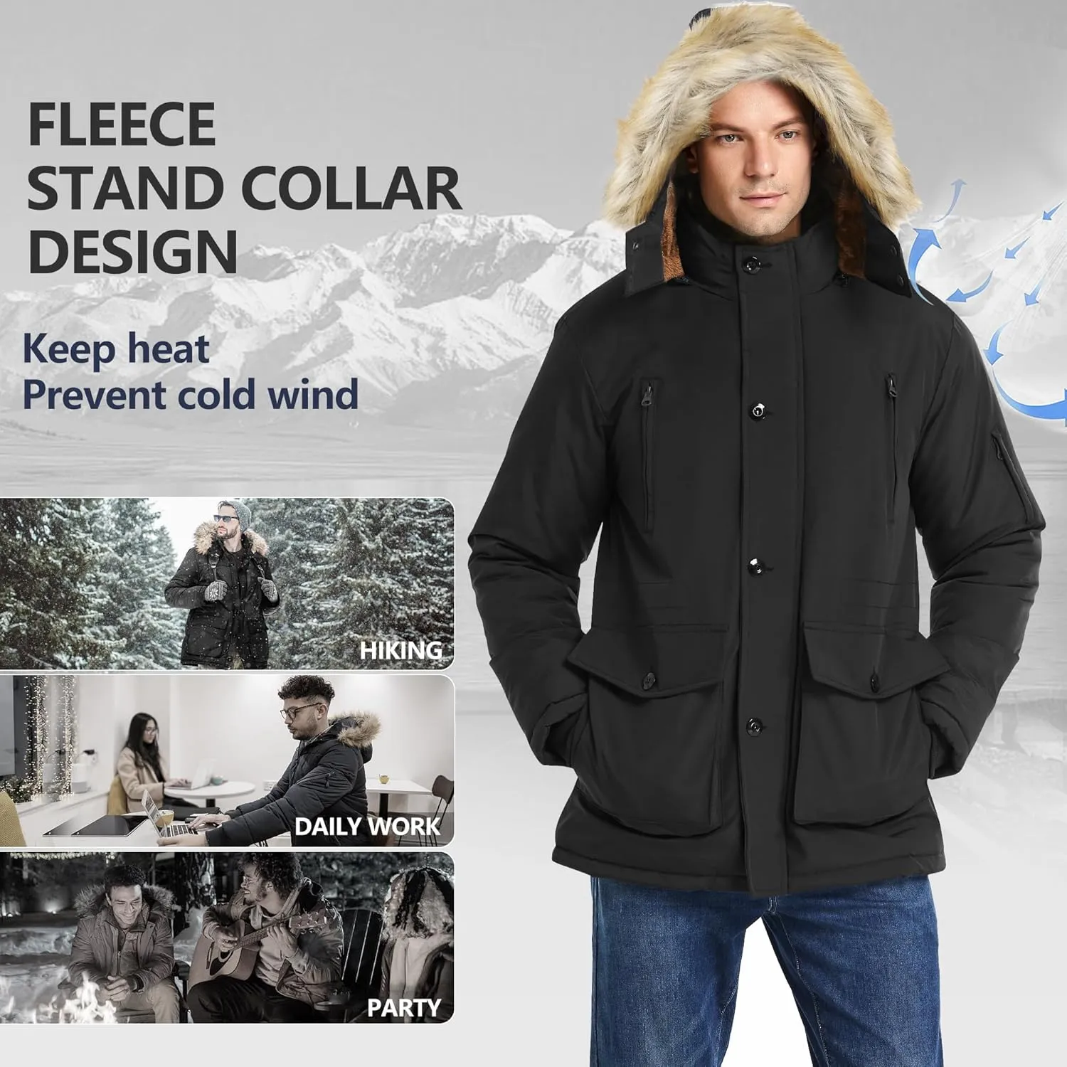 JYG Men's Winter Thicken Coat Warm Puffer Parka Jacket with Faux Fur Removable Hood