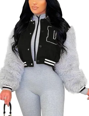 KANSOON Varsity Jacket Women Faux Fur Sleeve Cropped Baseball Jacket Button Up Casual Patchwork Letterman Coat